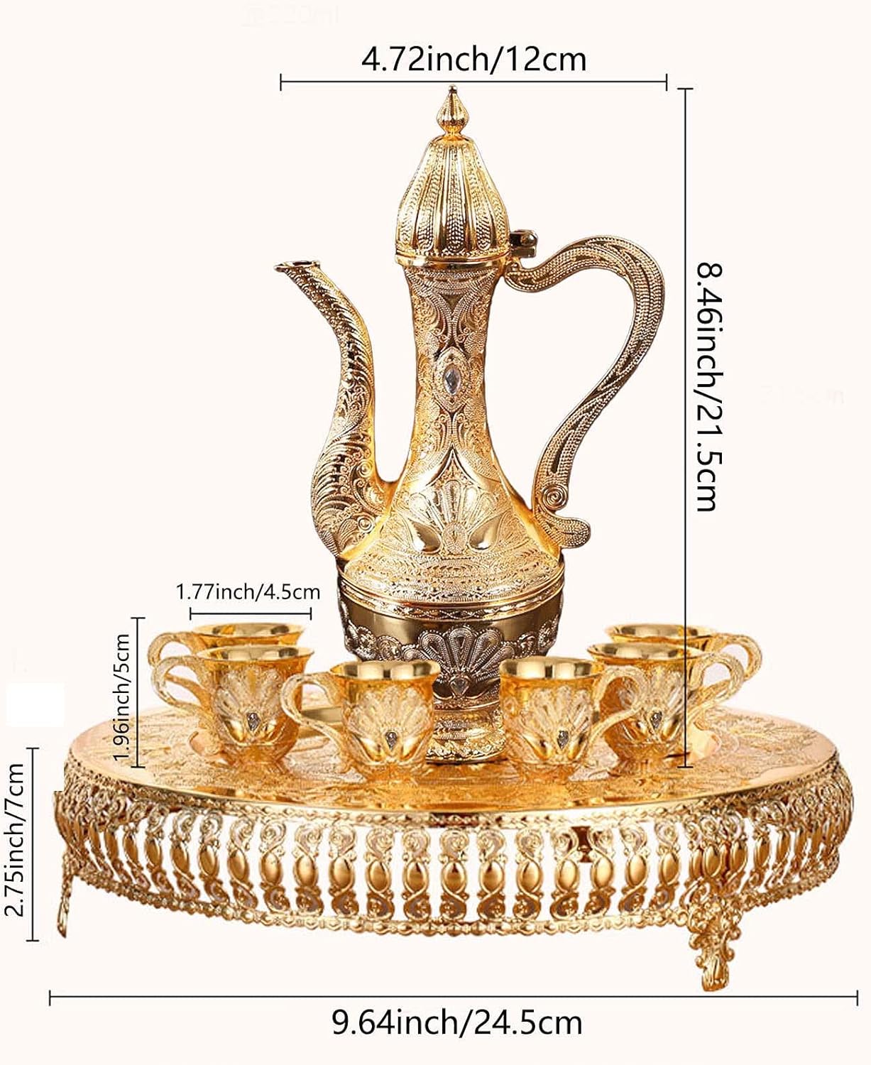 Juego de taza de café turca y tetera que incluye tetera, bandeja de té, 6 tazas de metal, juego de servicio de té para decoración de mesa de té,
