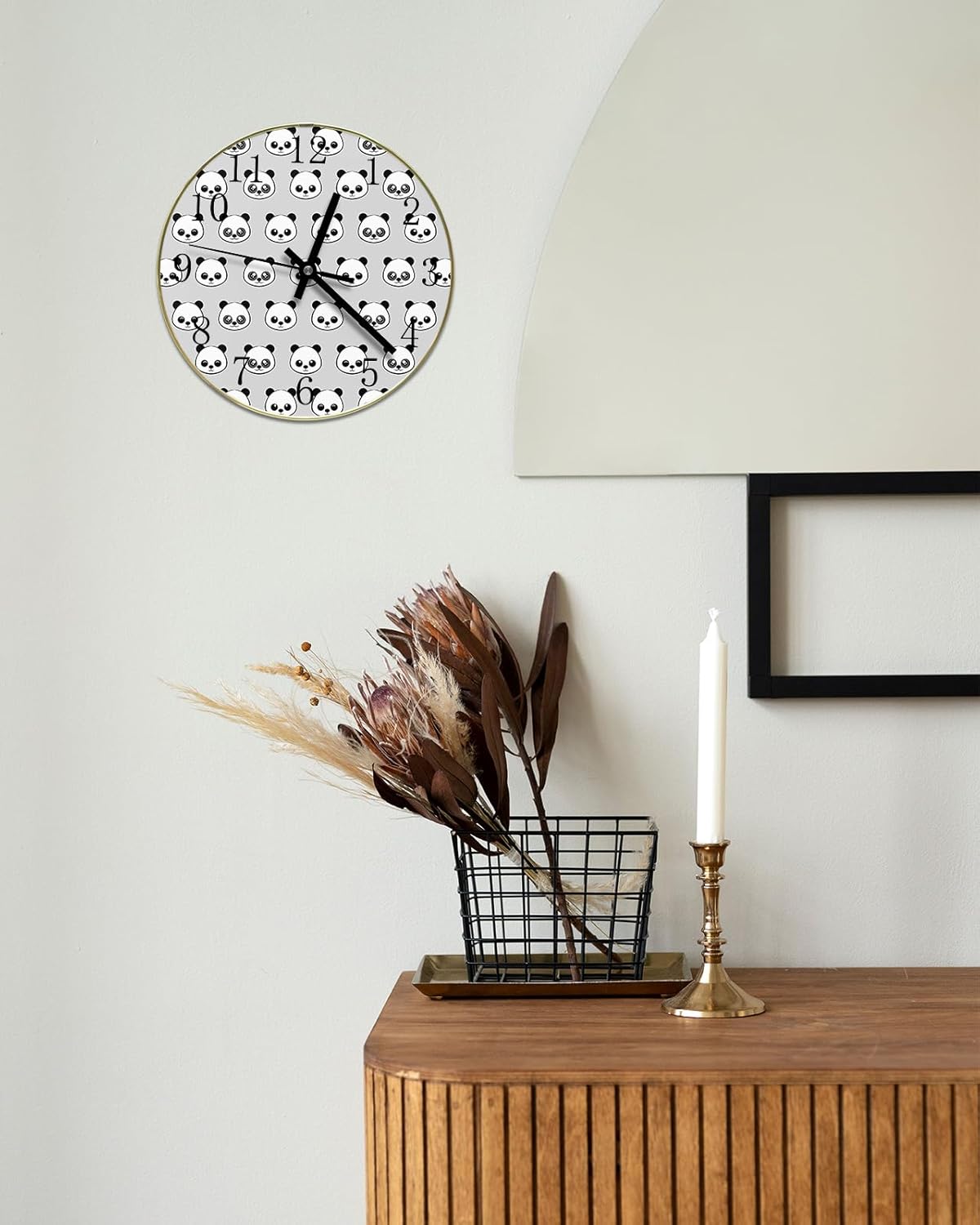 Cartoon Panda Round Wall Clock Silent Non-Ticking Battery Operated Clocks, Wooden Clock for Home Living Room Bedside Desk Bedroom Office Wall Decor