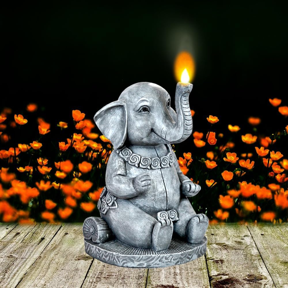Estatua de elefante, decoración de jardín, escultura solar de jardín grande, figuras de elefante de 10.5 pulgadas, estatuas de jardín para patio