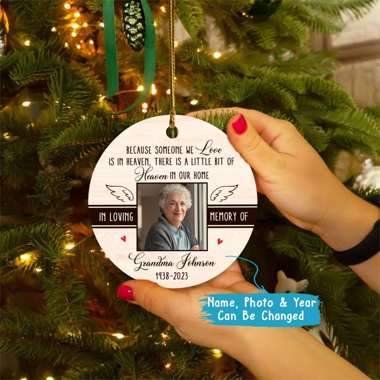 Adorno de Navidad con texto en inglés “There is A Little Bit of Heaven in Our Home”, en memoria amorosa de la foto, abuela, abuelo, adorno