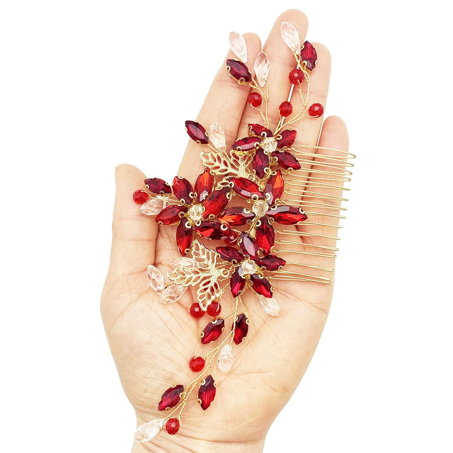 BETITETO Pieza de pelo de novia de cristal rojo con peine de flores de vid dorada, accesorios para el cabello para bodas, mujeres y niñas (dorado,
