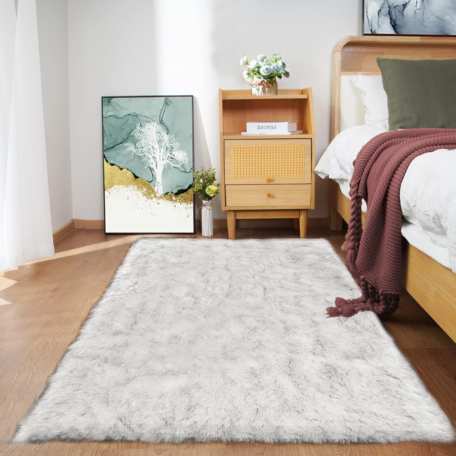 Goolela Alfombra peluda de 3 x 5 pies, con puntas blancas y grises, alfombra de pelo sintético para decoración de oficina, dormitorio, habitación,
