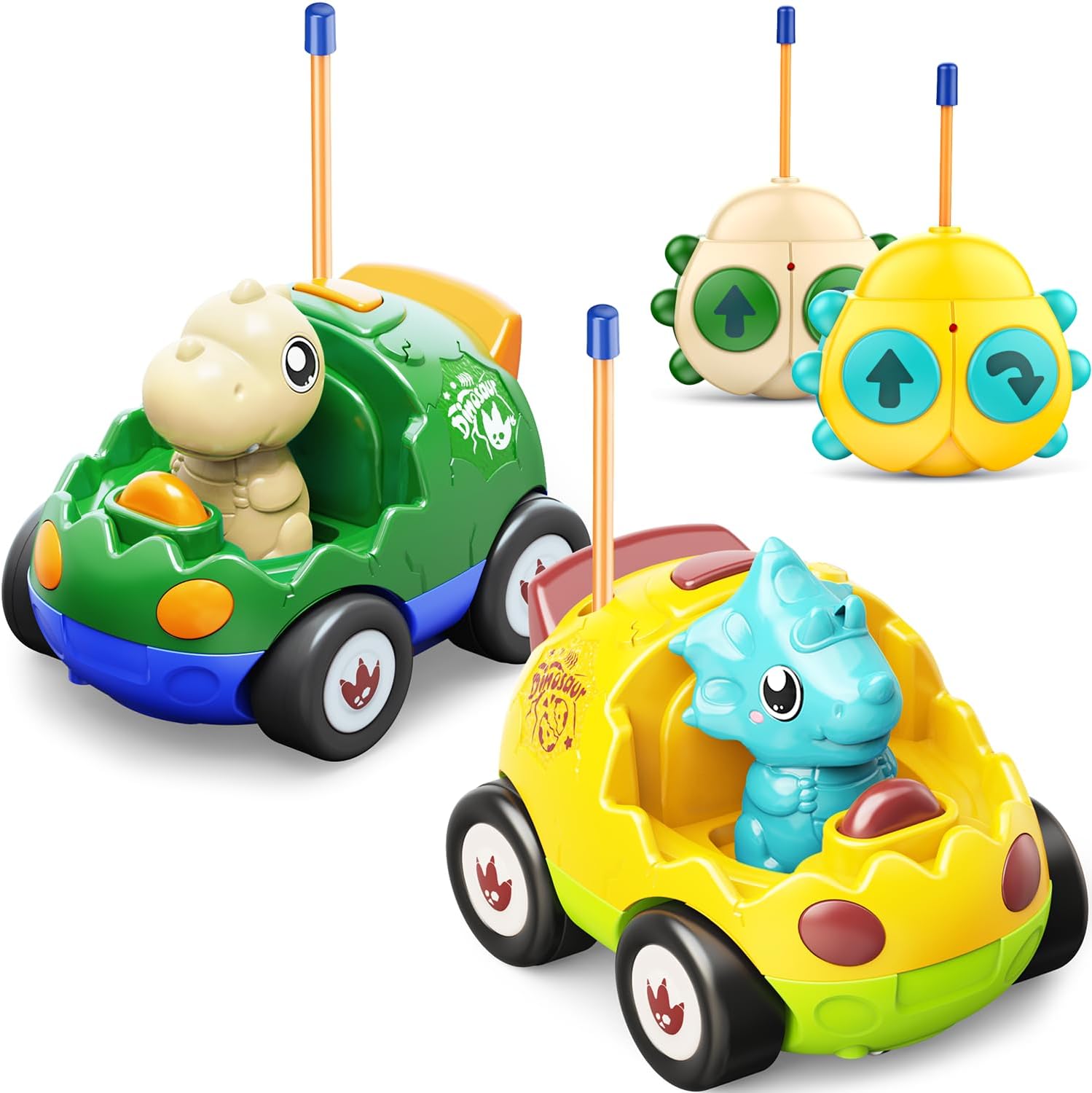 Paquete de 2 autos a control remoto para niños de 2, 3, 4, 5 años, juguetes de dinosaurios para niños pequeños con música, luces y efecto de sonido,