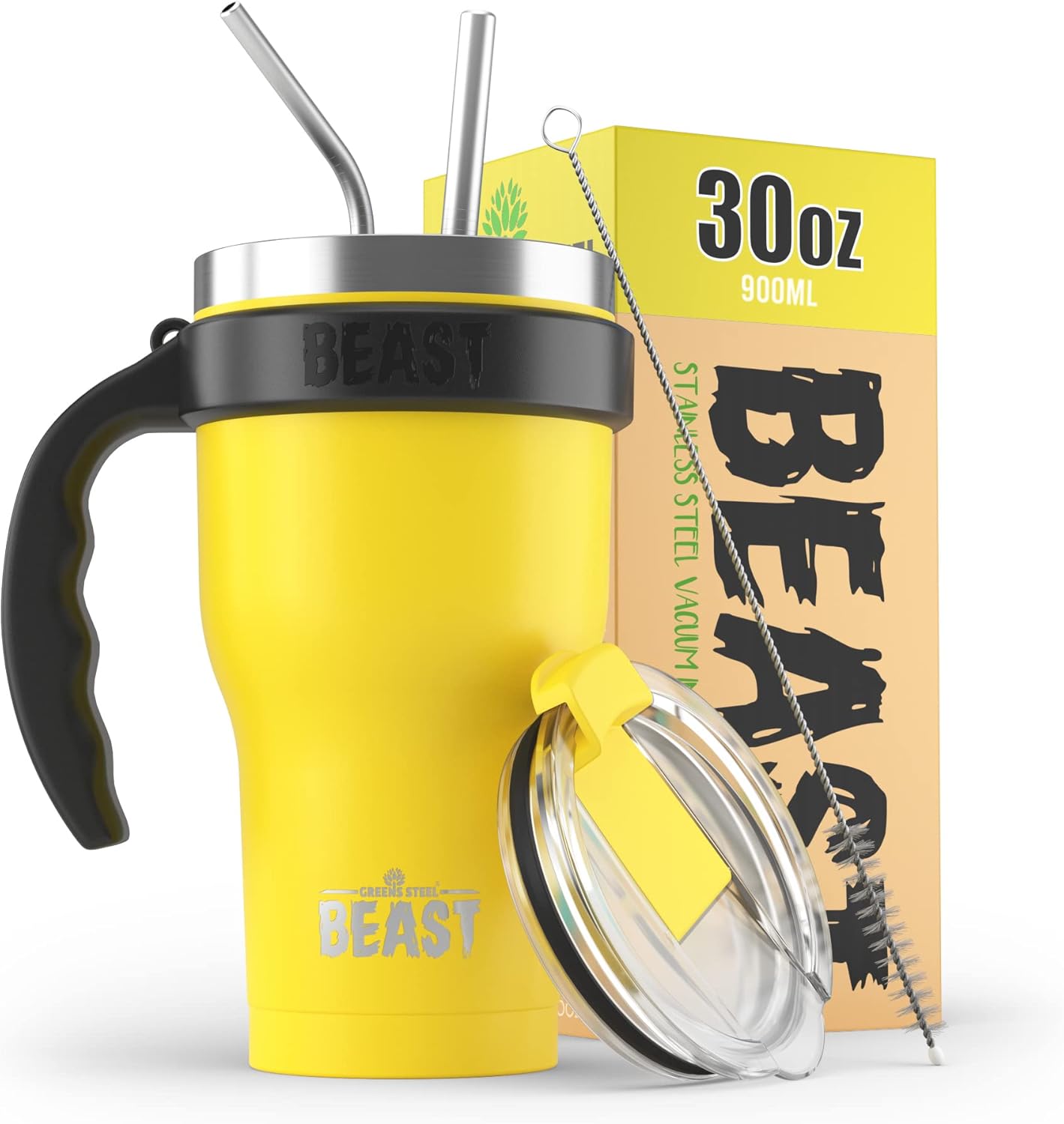 BEAST – Juego de vaso de limón de 30 onzas con asa, taza de café de acero inoxidable + 2 cepillos para pajillas, caja de regalo y mango negro