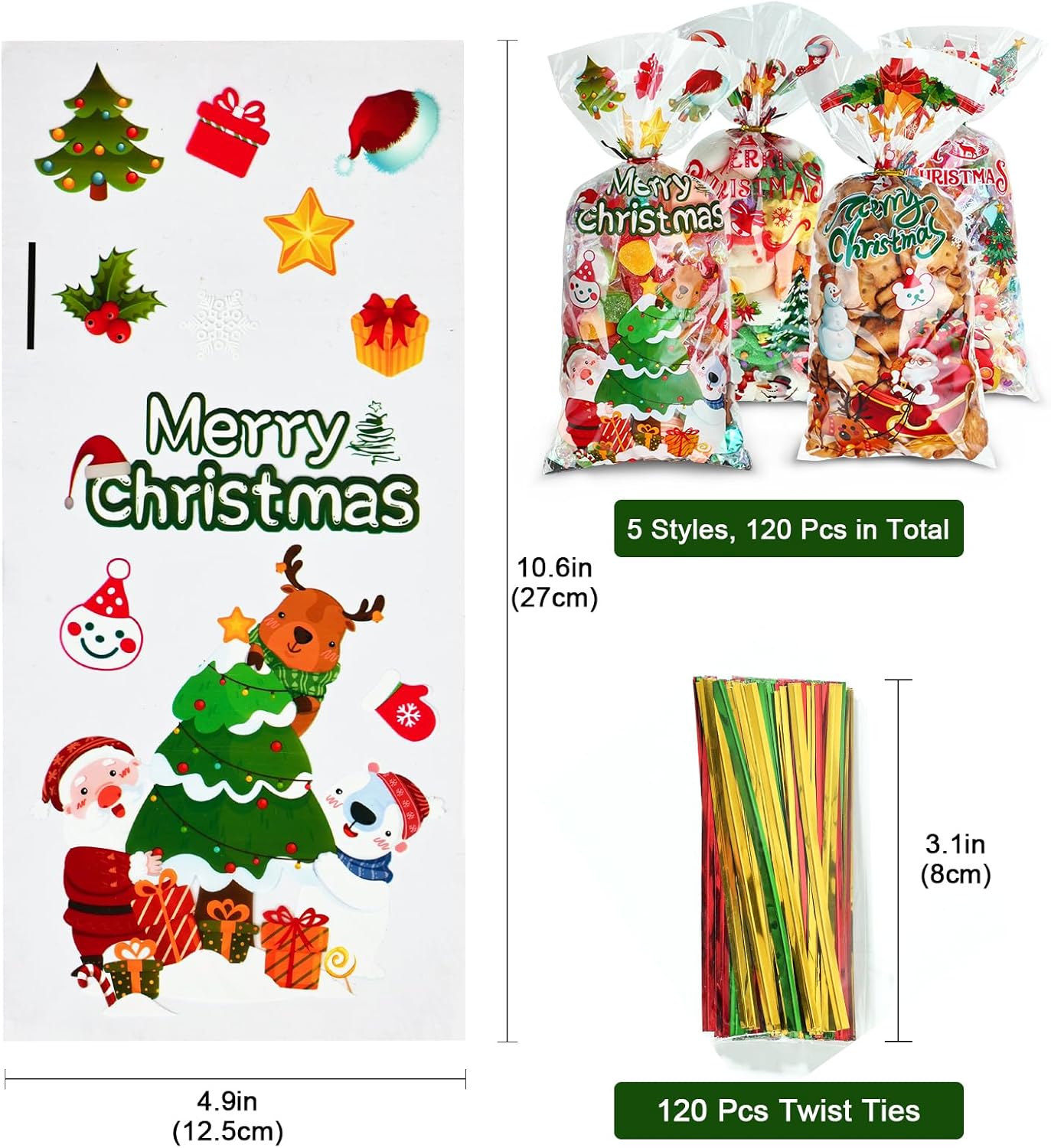 JMANNI 120 bolsas de celofán de Navidad, bolsas transparentes de celofán de Navidad, bolsas de dulces dulces de celofán de Navidad, bolsas de fiesta