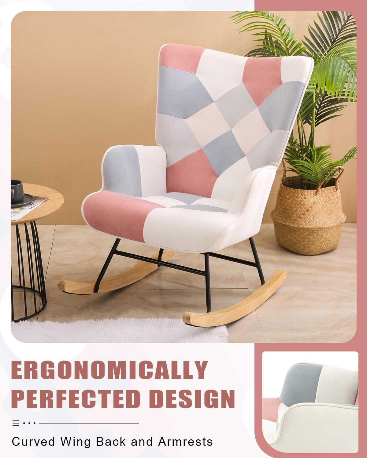 LifeSky – Silla mecedora cómoda y moderna, sillas deslizantes de tela de lino con retazos, silla mecedora para dormitorio, sala de estar, color rosa