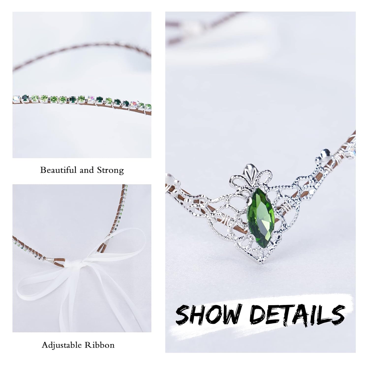 MOSTORY Handmade Green Crystal Tiara for Princess Wedding Rhinestone Fairy Crown Headband for Bridal Shower V-shape Woodland Elf Headpiece for Women