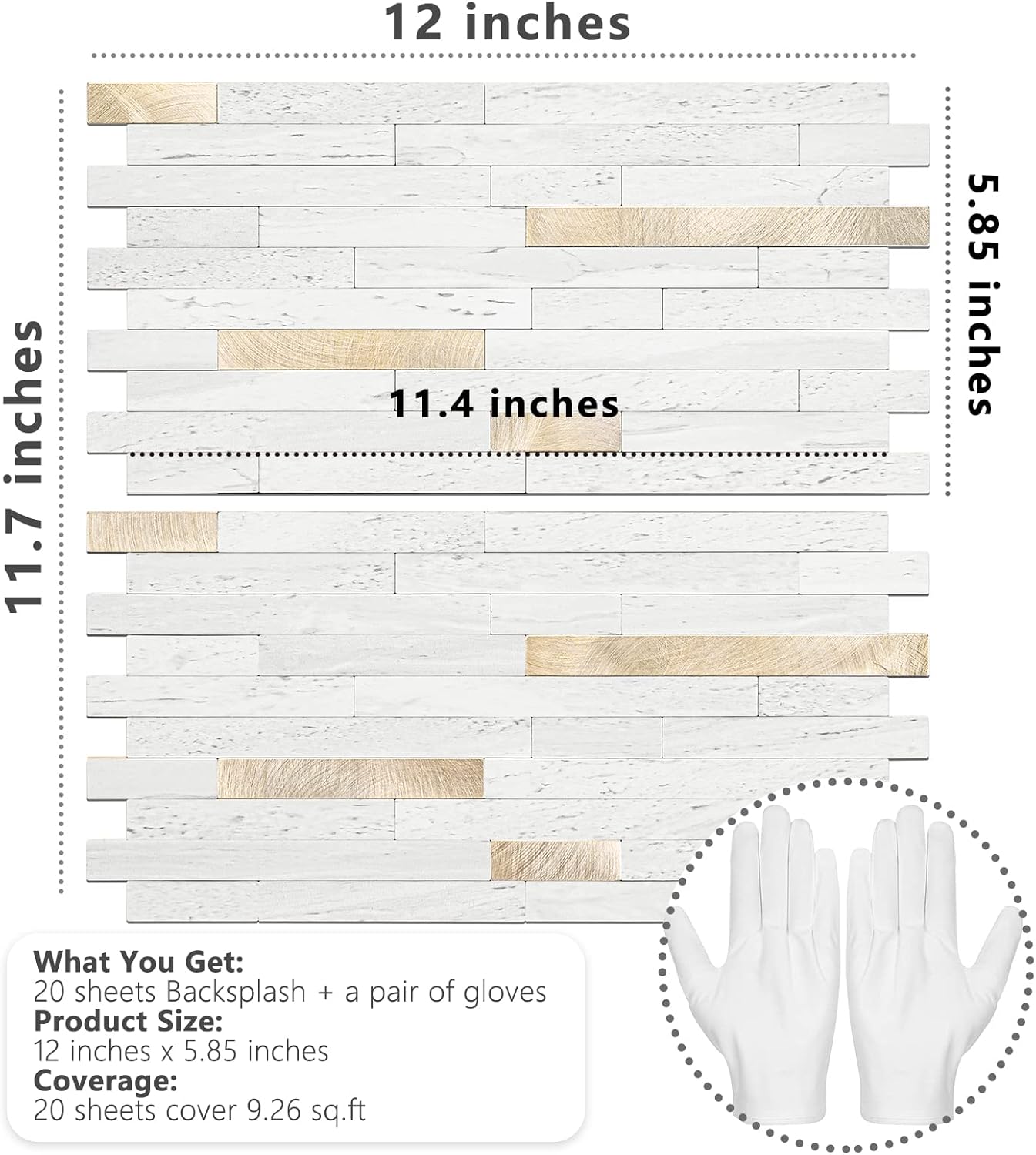 STICKGOO 20 hojas de azulejos autoadhesivos para salpicaduras para cocina y baño, aspecto de arenisca blanca, PVC, mezcla de metal dorado, azulejos