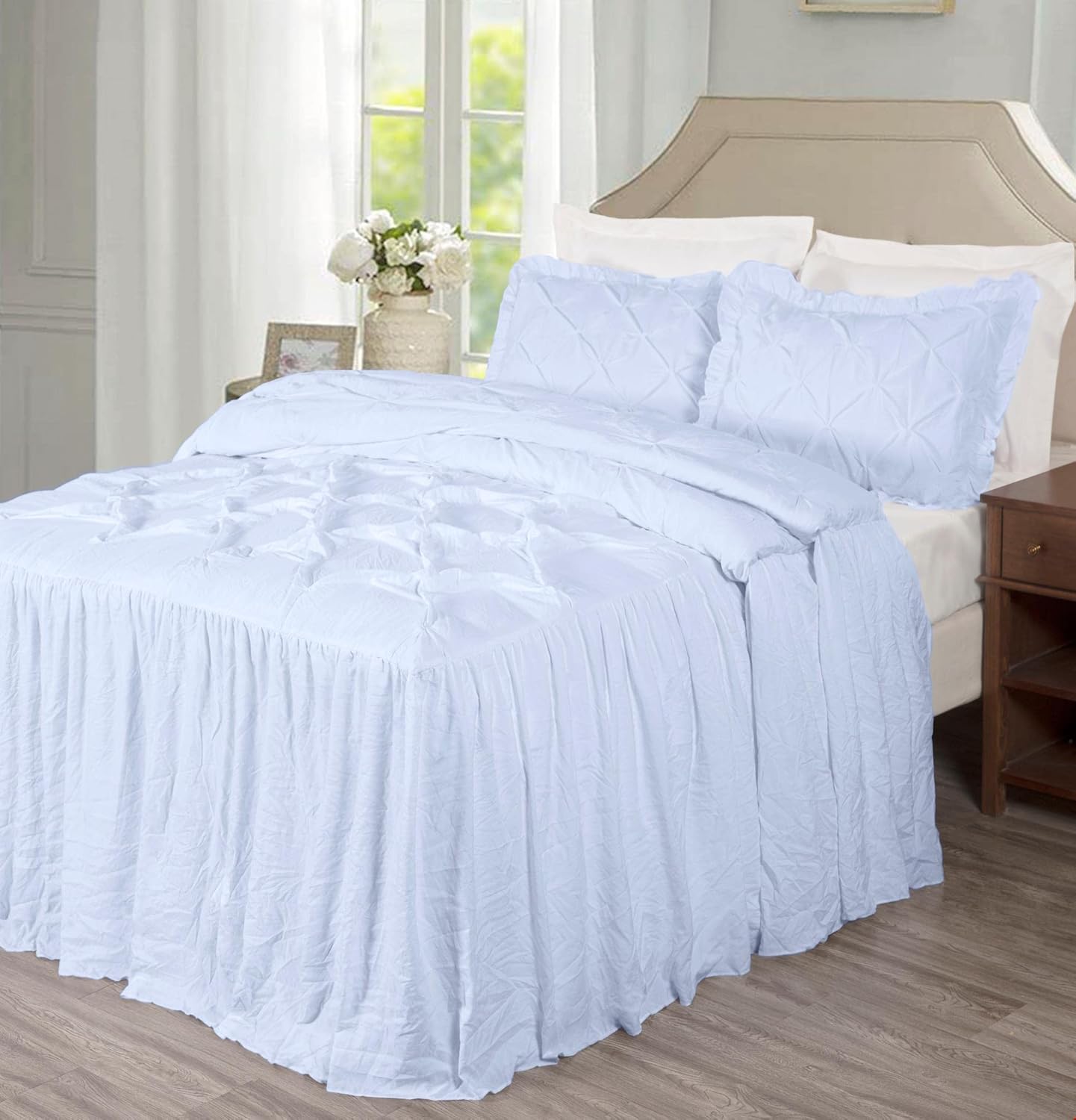 Chezmoi Collection Aria – Juego de colcha plisada de 3 piezas con falda con volantes  French Country Chic Farmhouse  King, color blanco