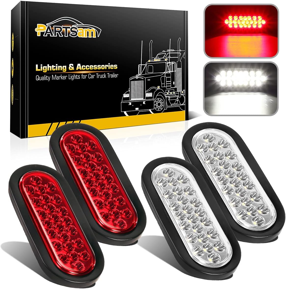 Partsam 2 luces traseras ovaladas rojas + 2 blancas de 6 pulgadas, 24 luces traseras de freno, kit de luz de marcha atrás para camión, remolque,