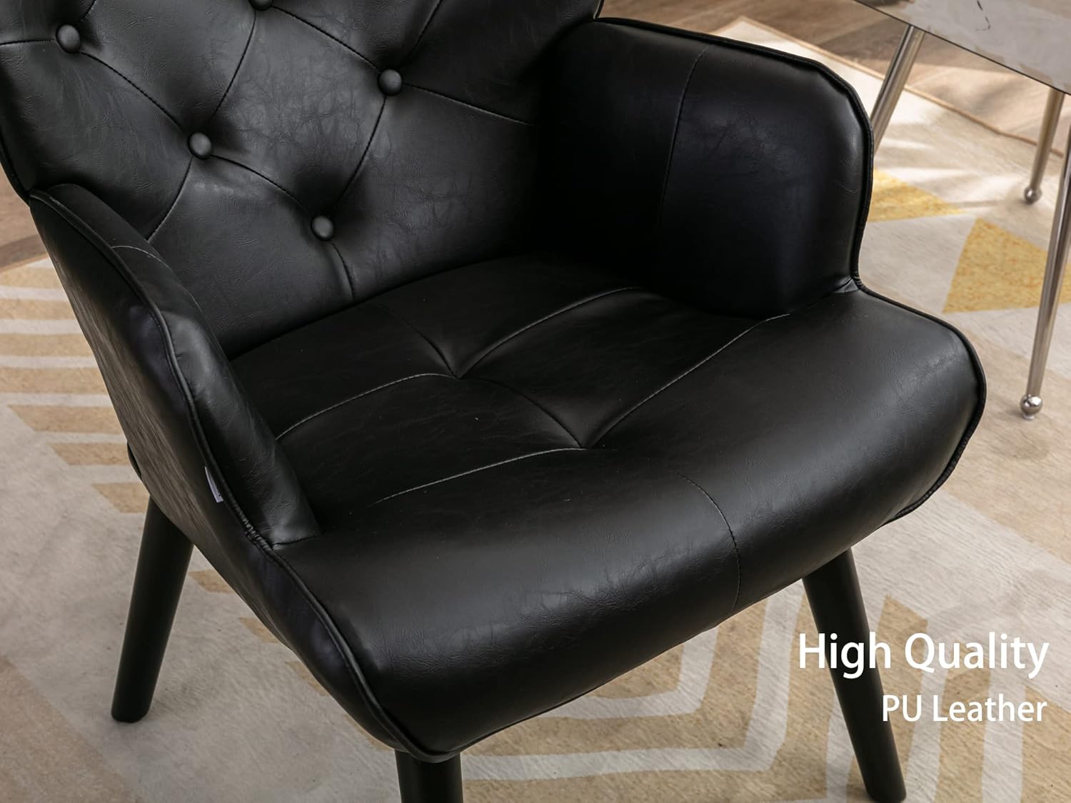 Dolonm – Silla decorativa de piel sintética moderna con botones capitoné y respaldo alto con brazos tapizados con respaldo alto y patas de madera