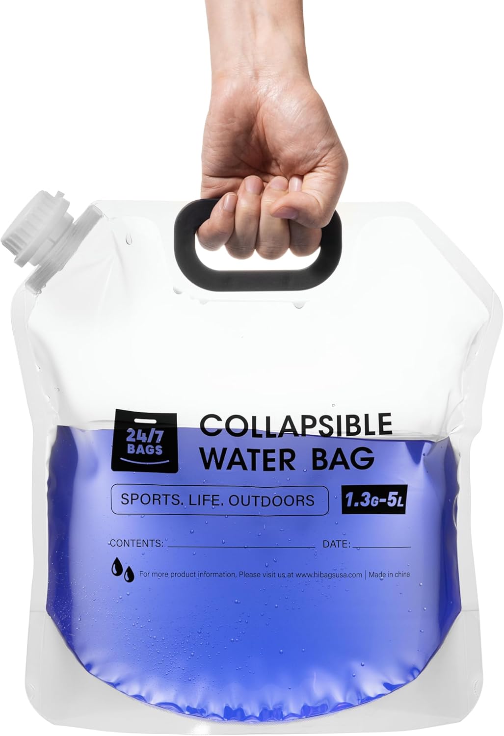 Paquete de 4 bolsas plegables para contenedores de agua de 1.3 galones5 litros, resistente con asas de transporte, caminatas, viajes, emergencias