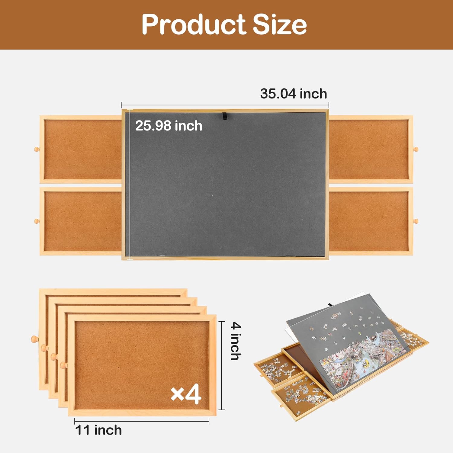 Mesa de rompecabezas para adultos, tablero de rompecabezas de madera de 1500 piezas con 4 cajones de 35 x 26 pulgadas, tablero de rompecabezas de