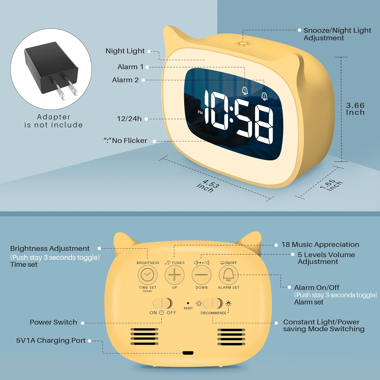 Reloj despertador para niños con luz nocturna y 18 tonos de llamada, recargable, lindo reloj con orejas de gato para regalos de cumpleaños de niños