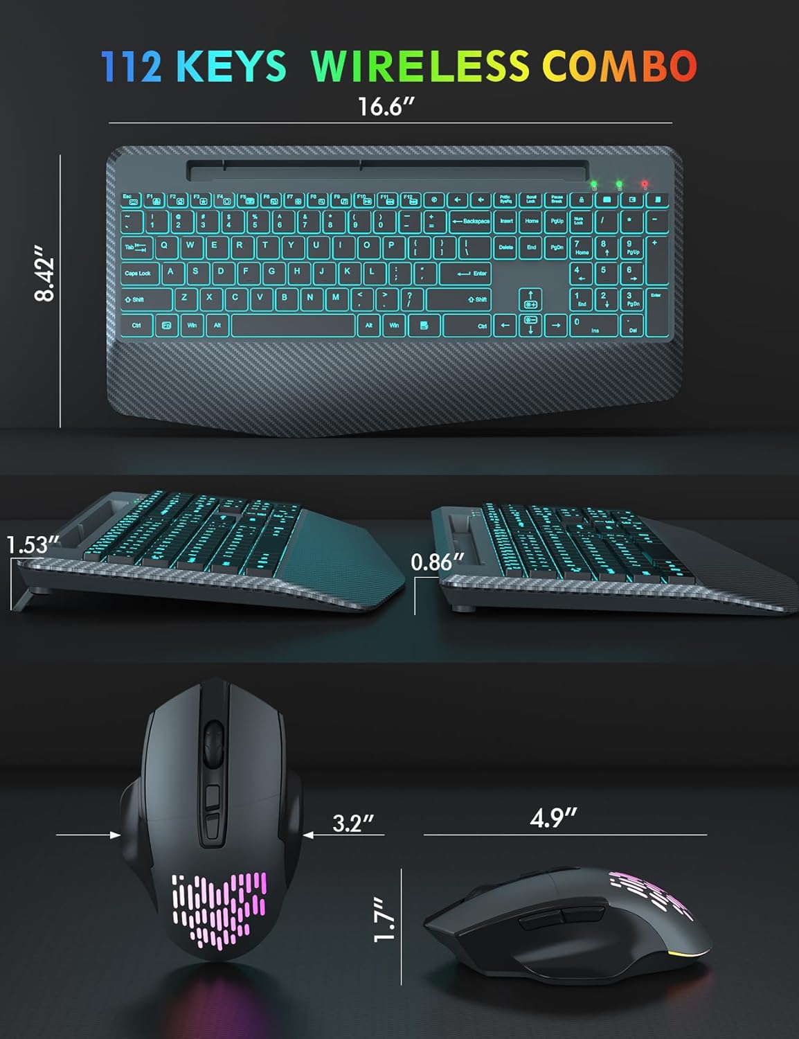 Retroiluminación inalámbrica para teclado y mouse, reposamuñecas, mouse Jiggler, teclado ergonómico recargable con soporte para teléfono, combo de