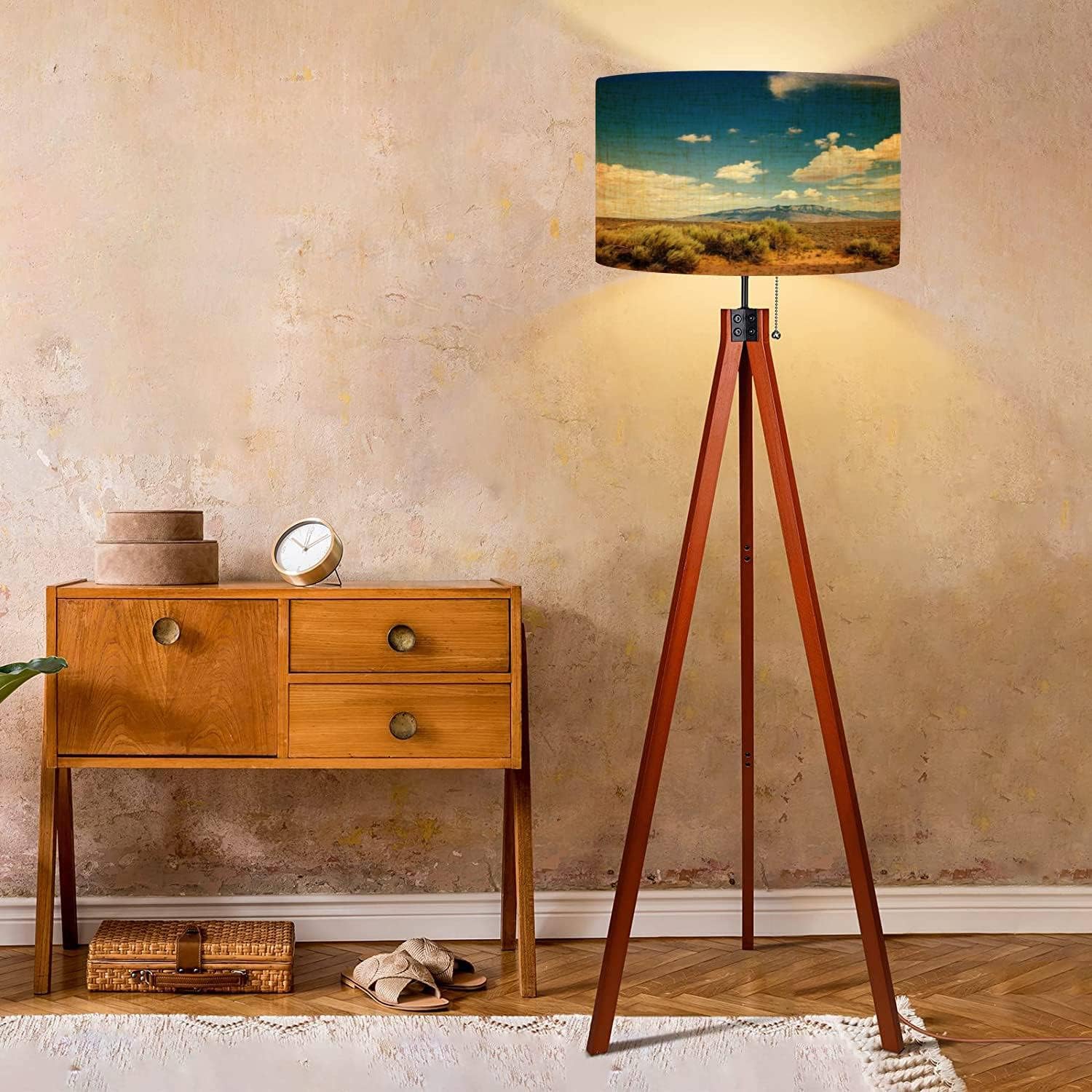 Lámpara de pie del suroeste del atardecer paisaje con montañas de sandia, desierto puesta de sol, lámpara de pie con patas de madera maciza, lámpara