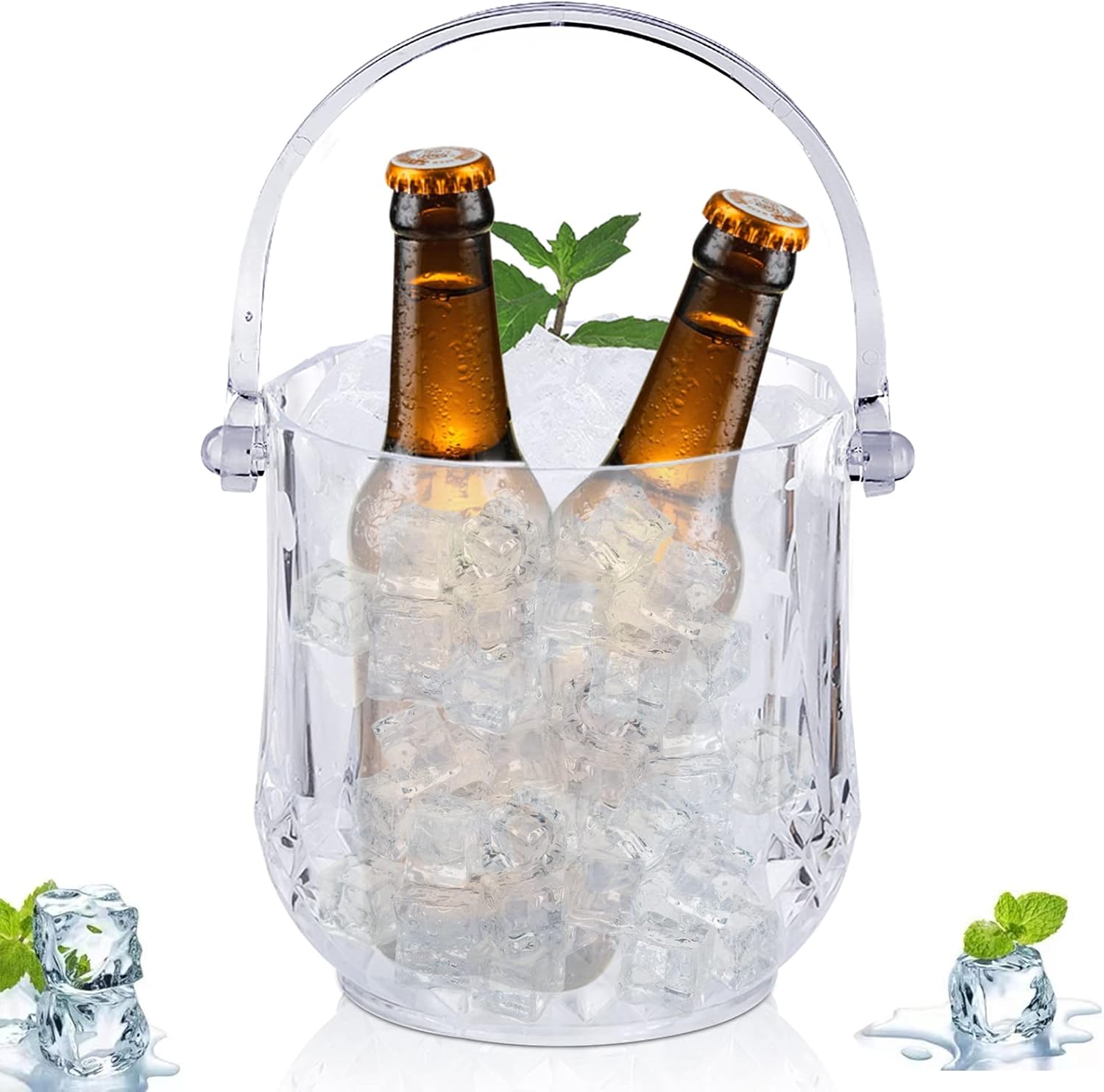 Cubo de hielo para barra de cócteles, cubo de hielo de acrílico transparente para congelador recipiente de hielo de cristal con mango desmontable
