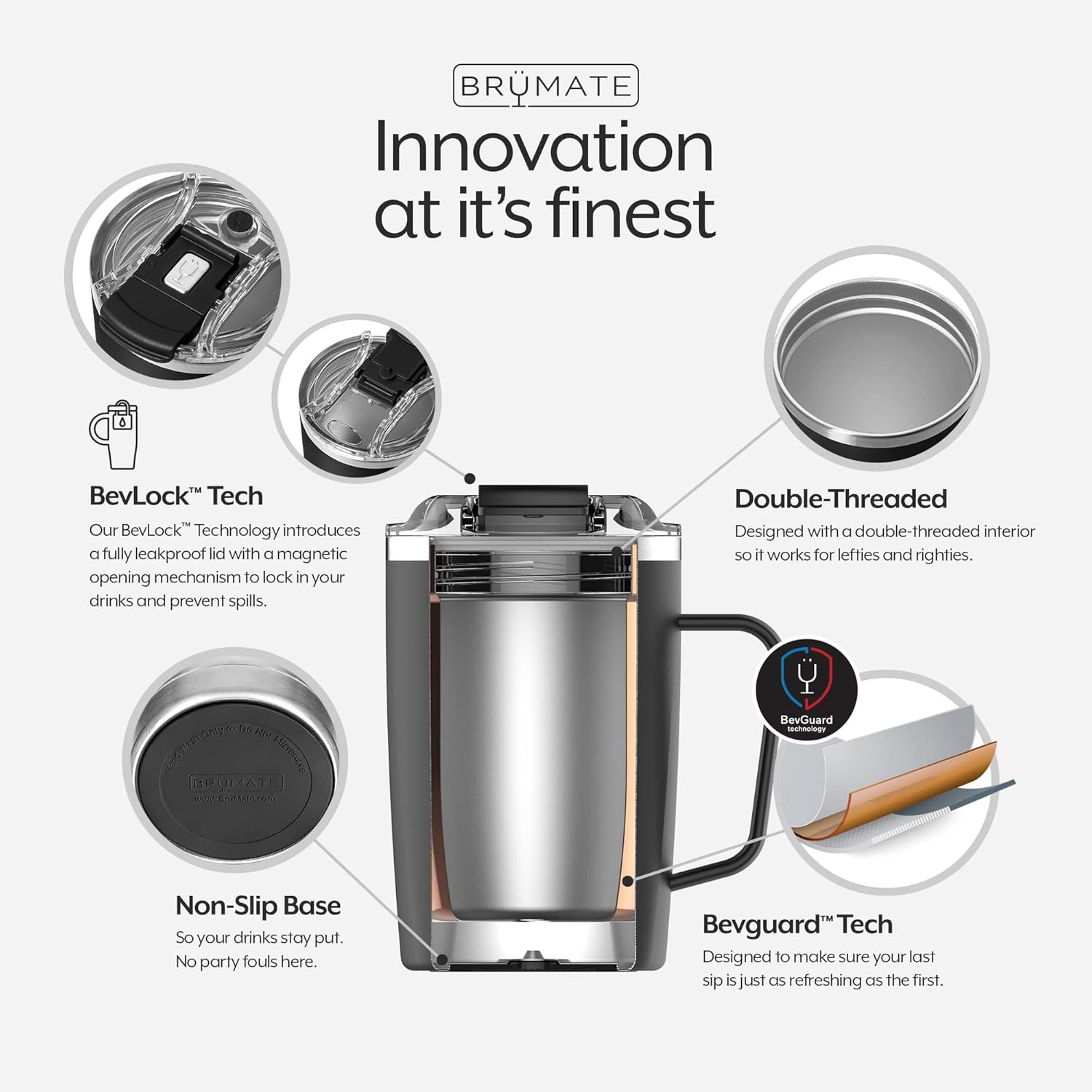 BrüMate Toddy – Taza de café aislada 100% a prueba de fugas con asa y tapa, taza de viaje de acero inoxidable, taza de café de doble pared (Carrara)