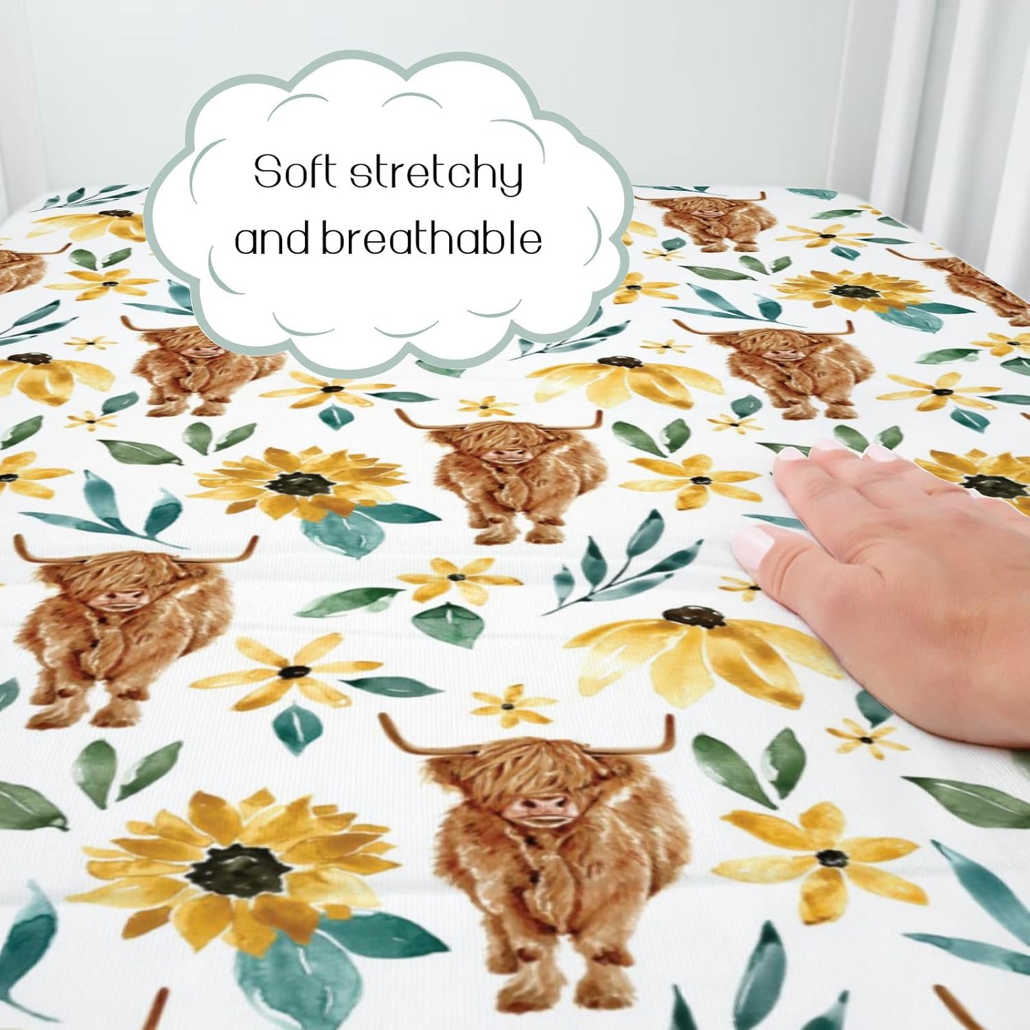Highland Cow – Sábana bajera estándar para cuna para bebé, diseño de flor de yak de animales de granja occidental, suave y elástica, decoración