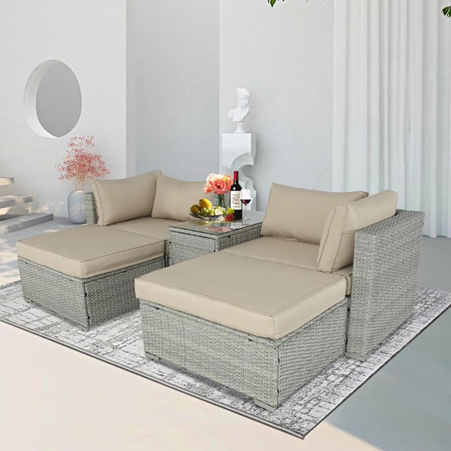 Juego de 5 piezas de sillas de patio y muebles otomanos de patio para todo tipo de clima, juego de conversación de ratán PE con sillas acolchadas