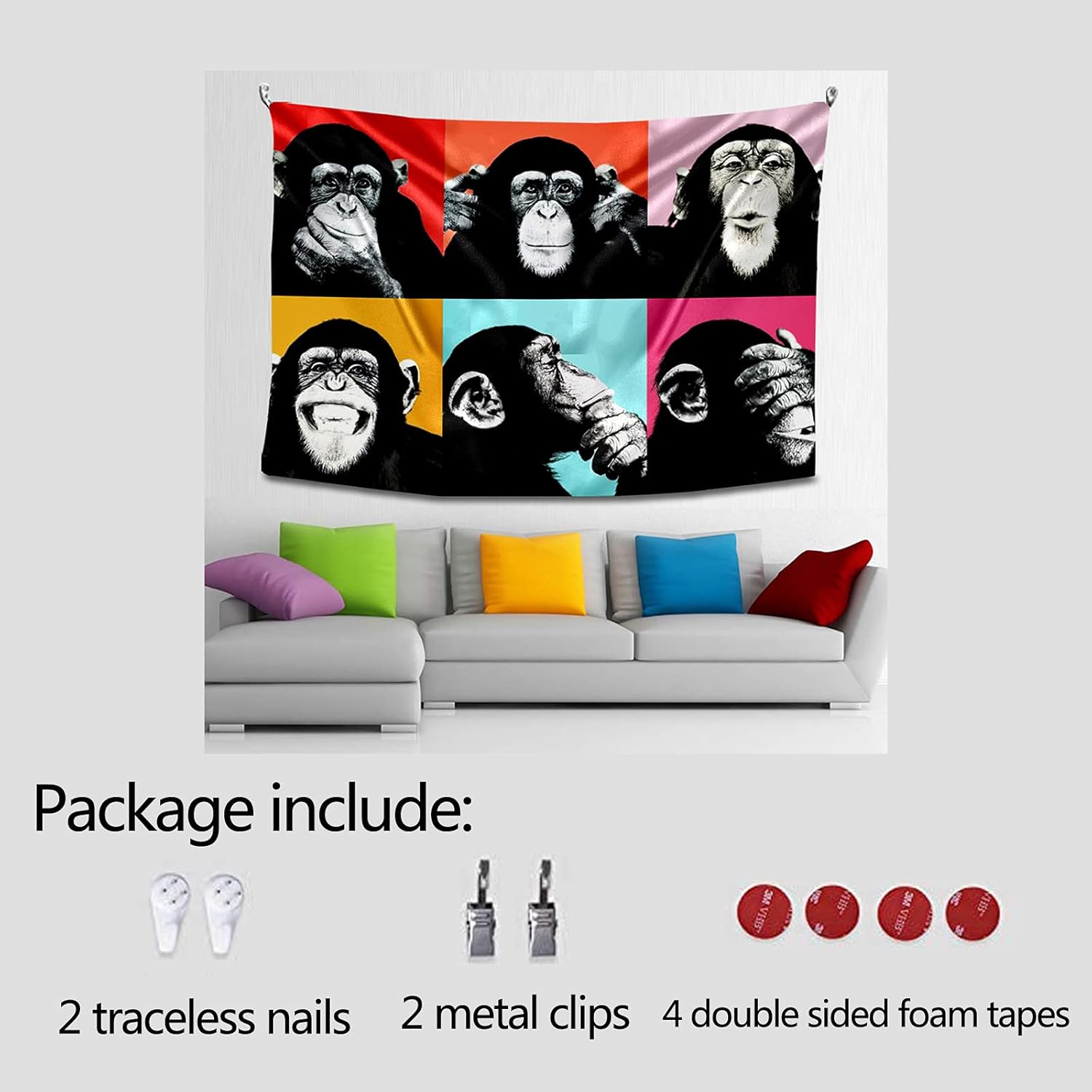 Tucocoo Tapiz de caras de monos, animales Banksy, tapiz artístico de gorila pop it, arte de pared, decoración del hogar, colgar en la pared para