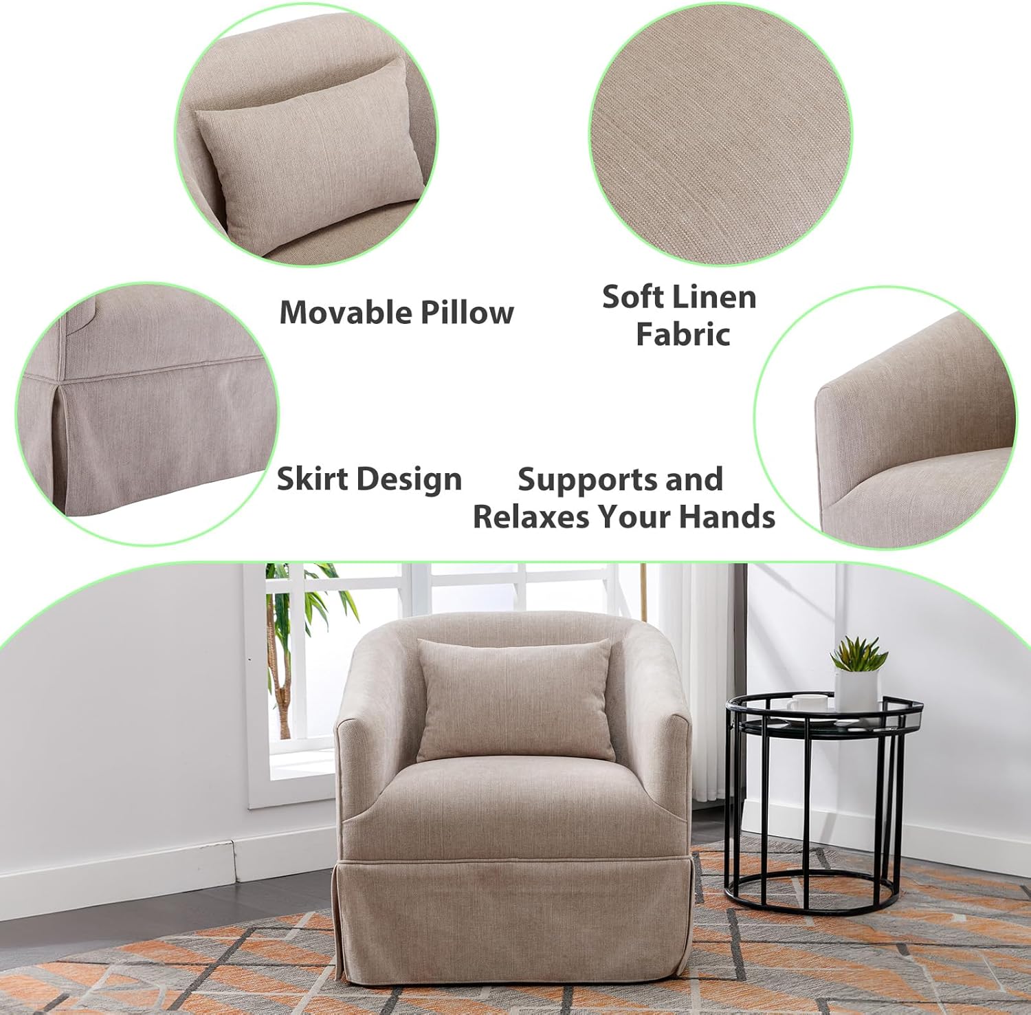 ODUWA Sillón giratorio con acento, tapizado de lino de 360 grados con falda, moderno y cómodo sillón redondo con base de metal y 1 almohada para