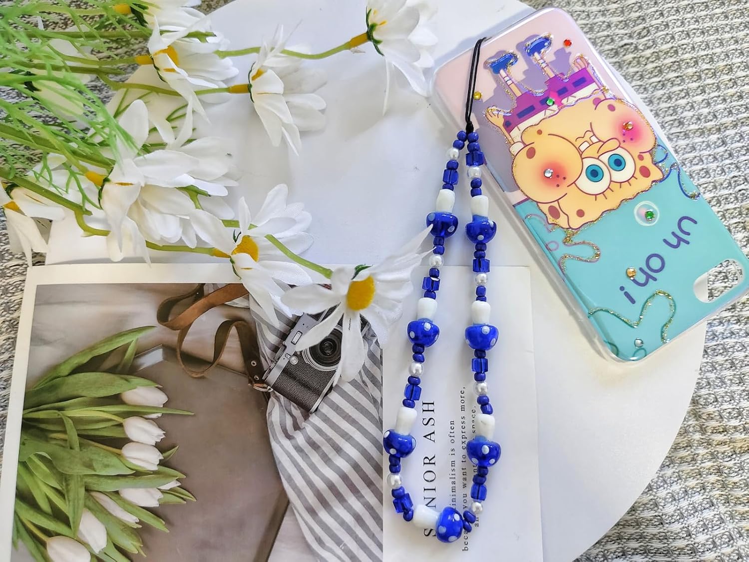 1  2 unidades de cordón con cuentas de hongos azulrojoverde para teléfono, accesorios estéticos, correa de muñeca dulce, cadena antipérdida para