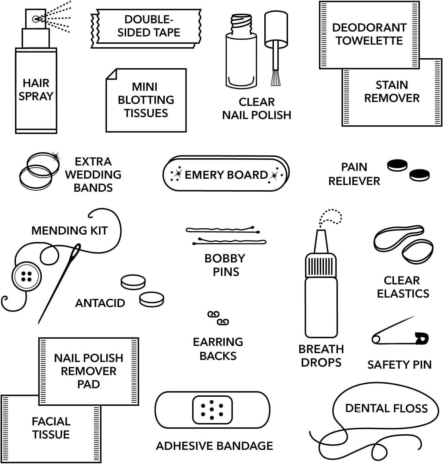 Pinch Provisions Kit de minimergencia para M.O.B, incluye 20 artículos esenciales de emergencia imprescindibles para el gran día, bolsa compacta y
