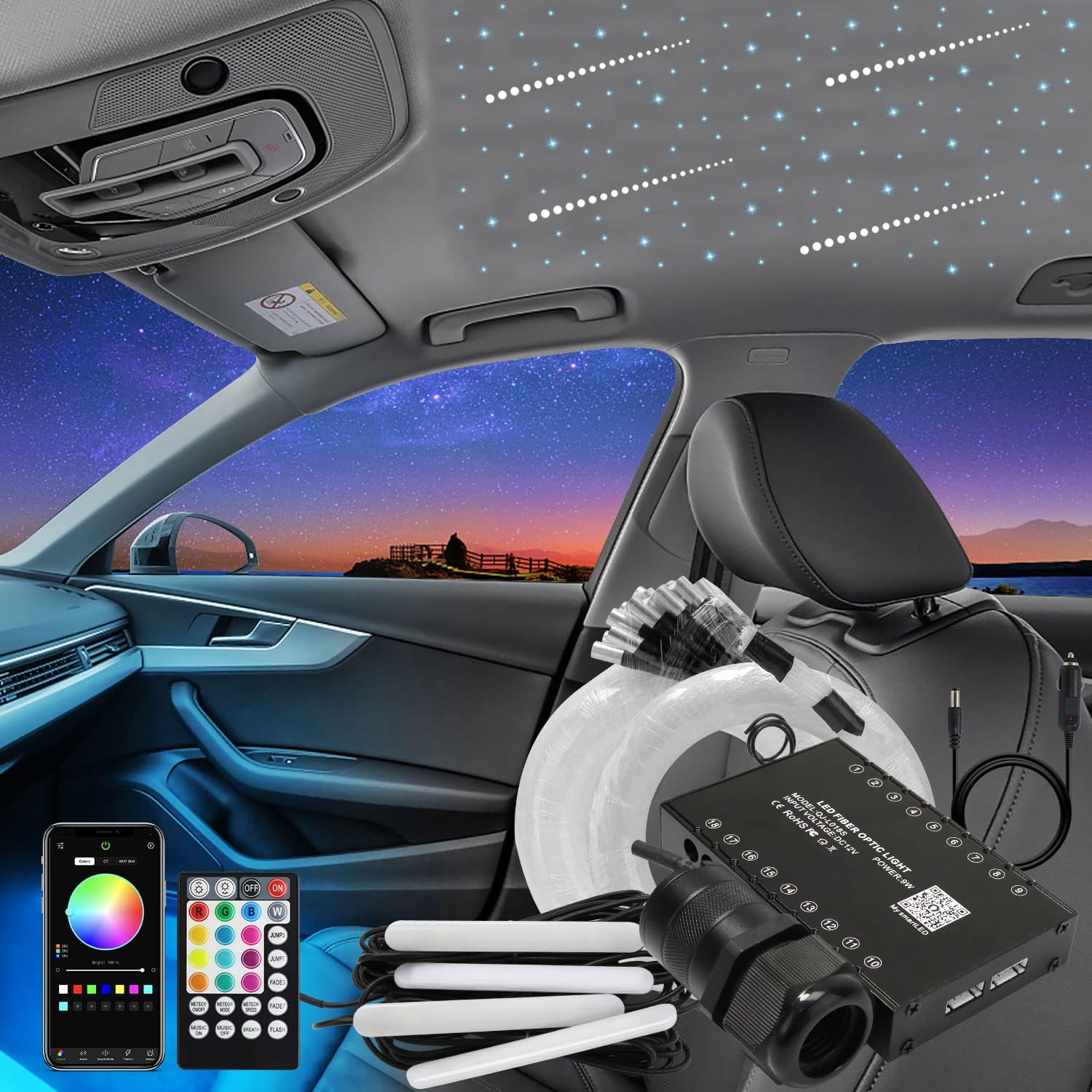 AKEPO Kit de luces de fibra óptica 3 en 1, sincronización de música activada bajo el tablero, luces interiores LED para el interior del automóvil y