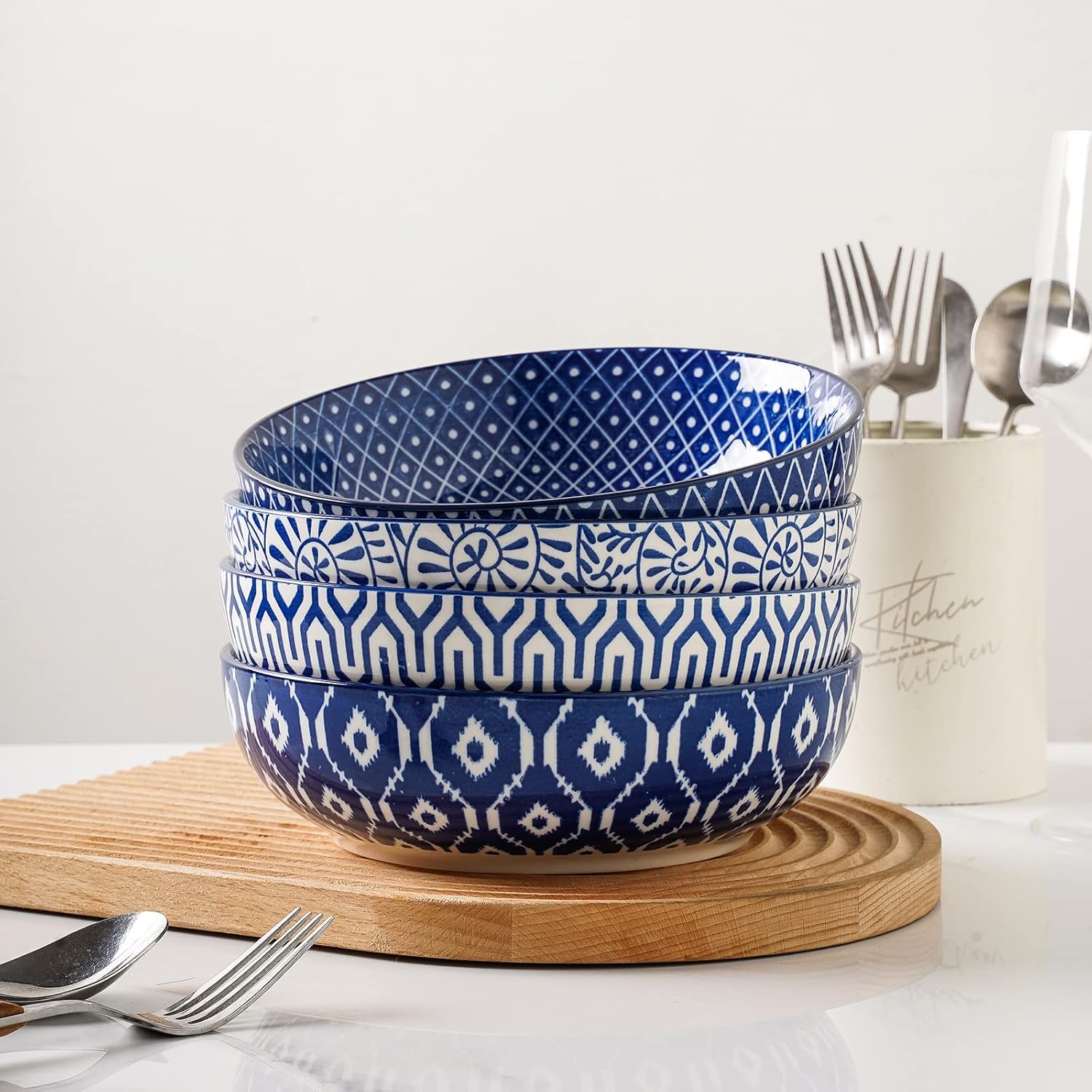 Selamica Juego de 4 cuencos de cerámica para pasta de 50 onzas, cuencos grandes de ensalada de 8.6 pulgadas, cuencos de sopa de porcelana anchos y
