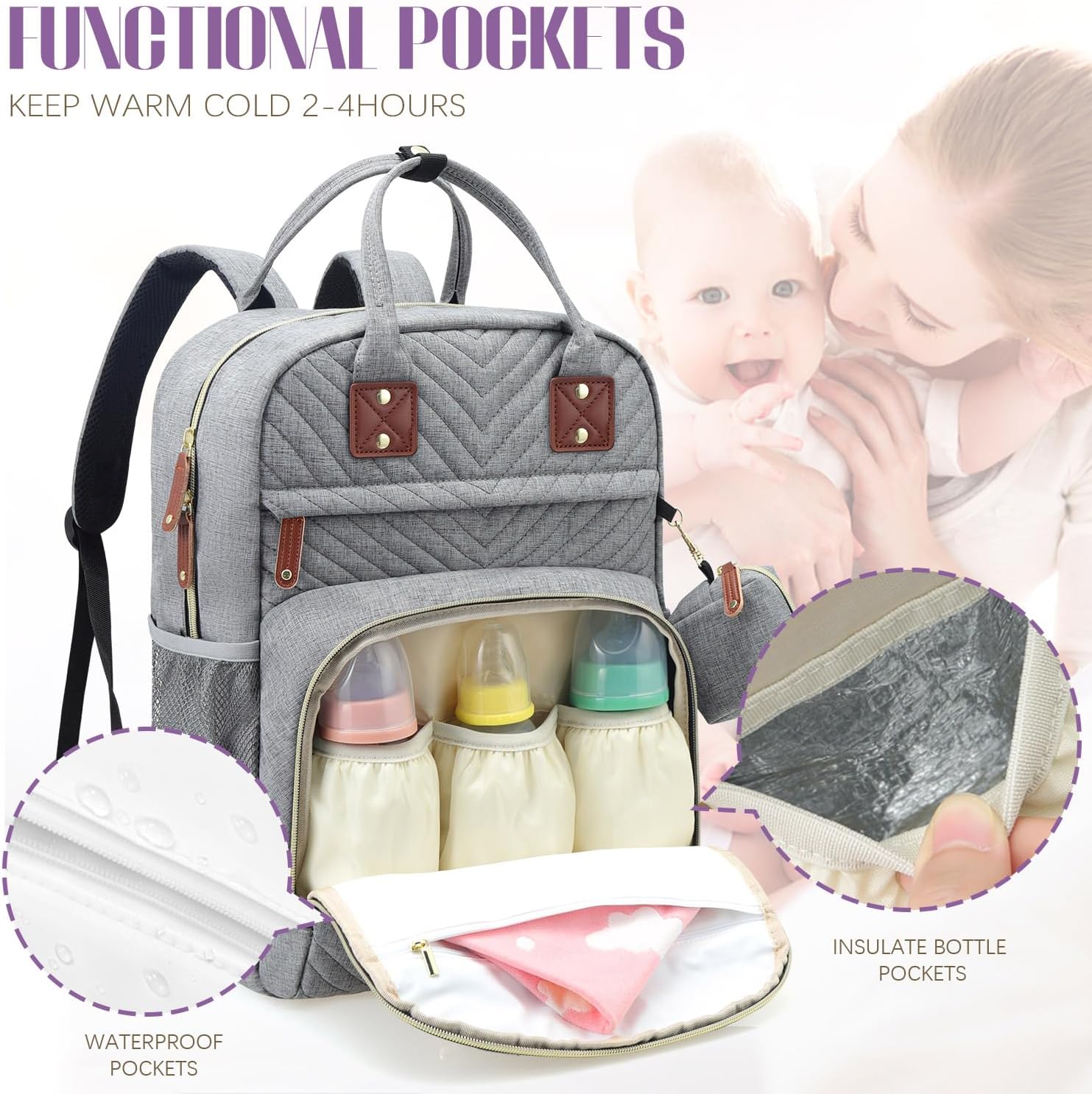 Mochila para pañales, esenciales para bebés, mochila impermeable multifunción con correas para cochecito y estuche para chupete, Gris, Mochilas de