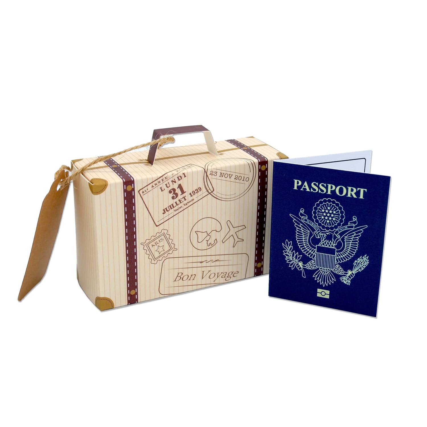 DIY Surprise Mini Suitcase & Mini Gold foil Pretend USA Passport Reveal Gift bundle (DIY). Perfect for Valentines, vacations, birthday, family trips