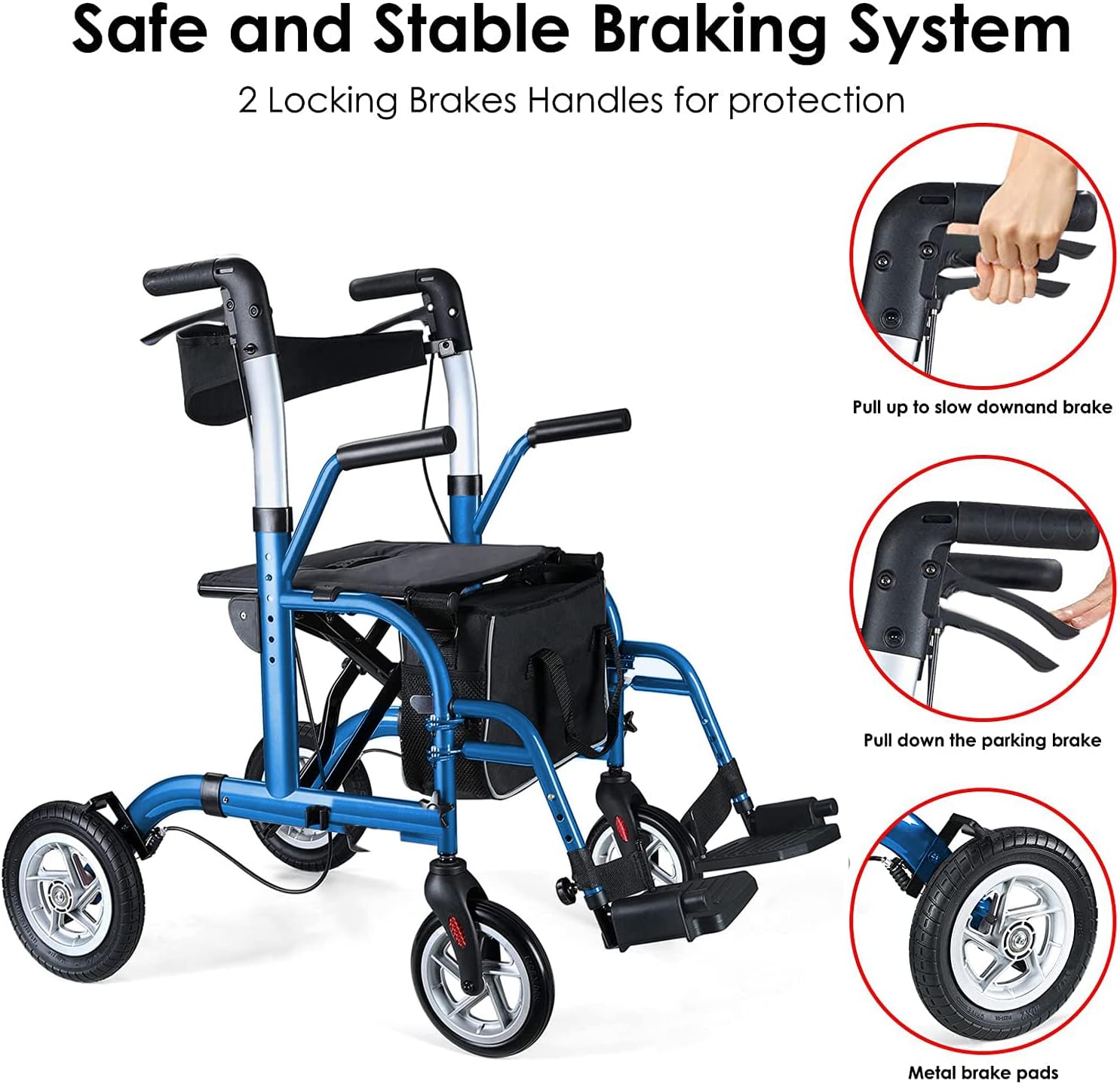 Andador con ruedas 2 en 1 para personas mayores, andador médico con asiento, rodillo plegable para silla de ruedas de transporte con ruedas traseras