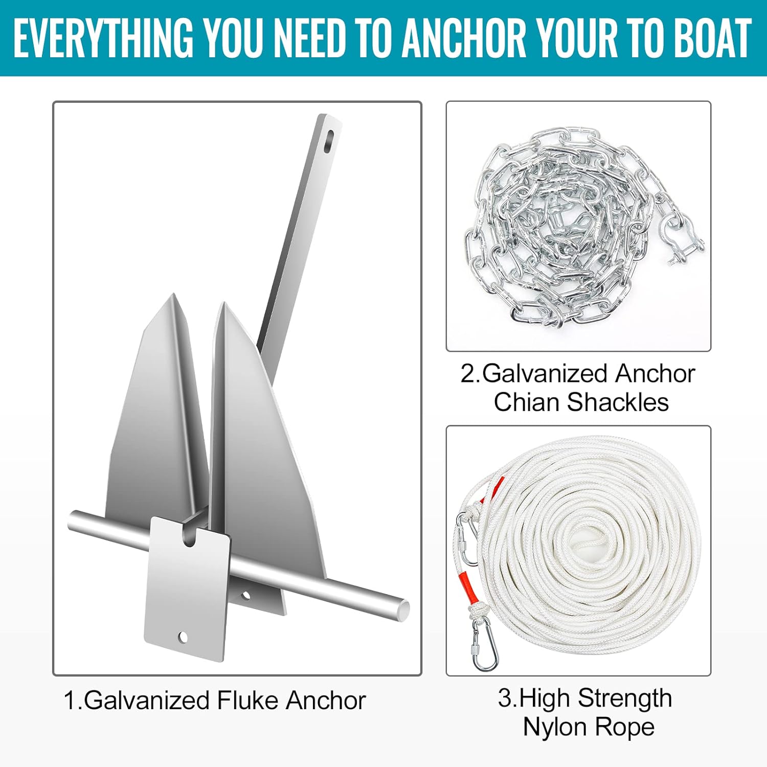 Kit de anclaje para barco, anclaje estilo Fluke, anclaje de acero galvanizado en caliente Fluke incluye ancla, cadena, cuerda, grilletes para amarre