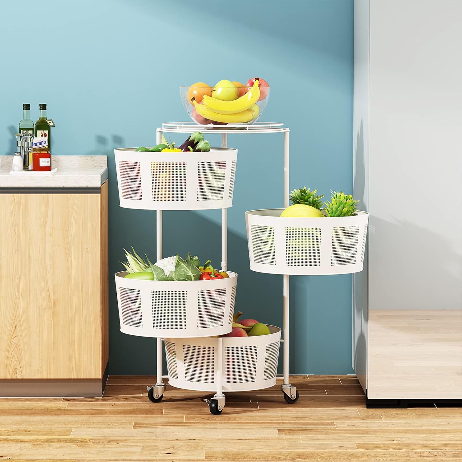 STYLIFING Cesta de frutas y verduras para cocina, estante giratorio de 4 niveles con ruedas con bloqueo, carrito de almacenamiento para el hogar,
