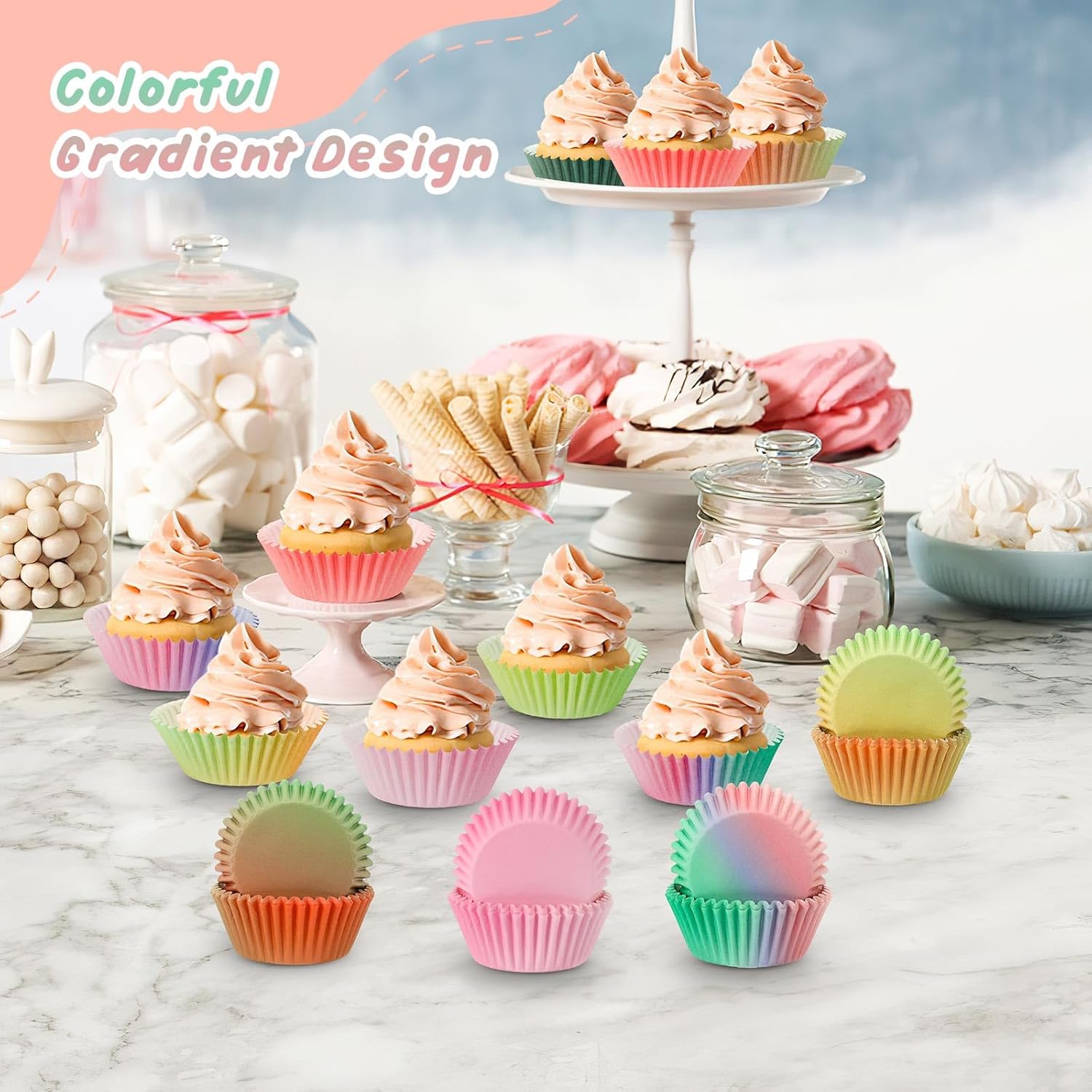 SANNIX 450 forros coloridos estándar para cupcakes, diseño degradado, para hornear, envoltorios de papel para magdalenas, para fiestas de