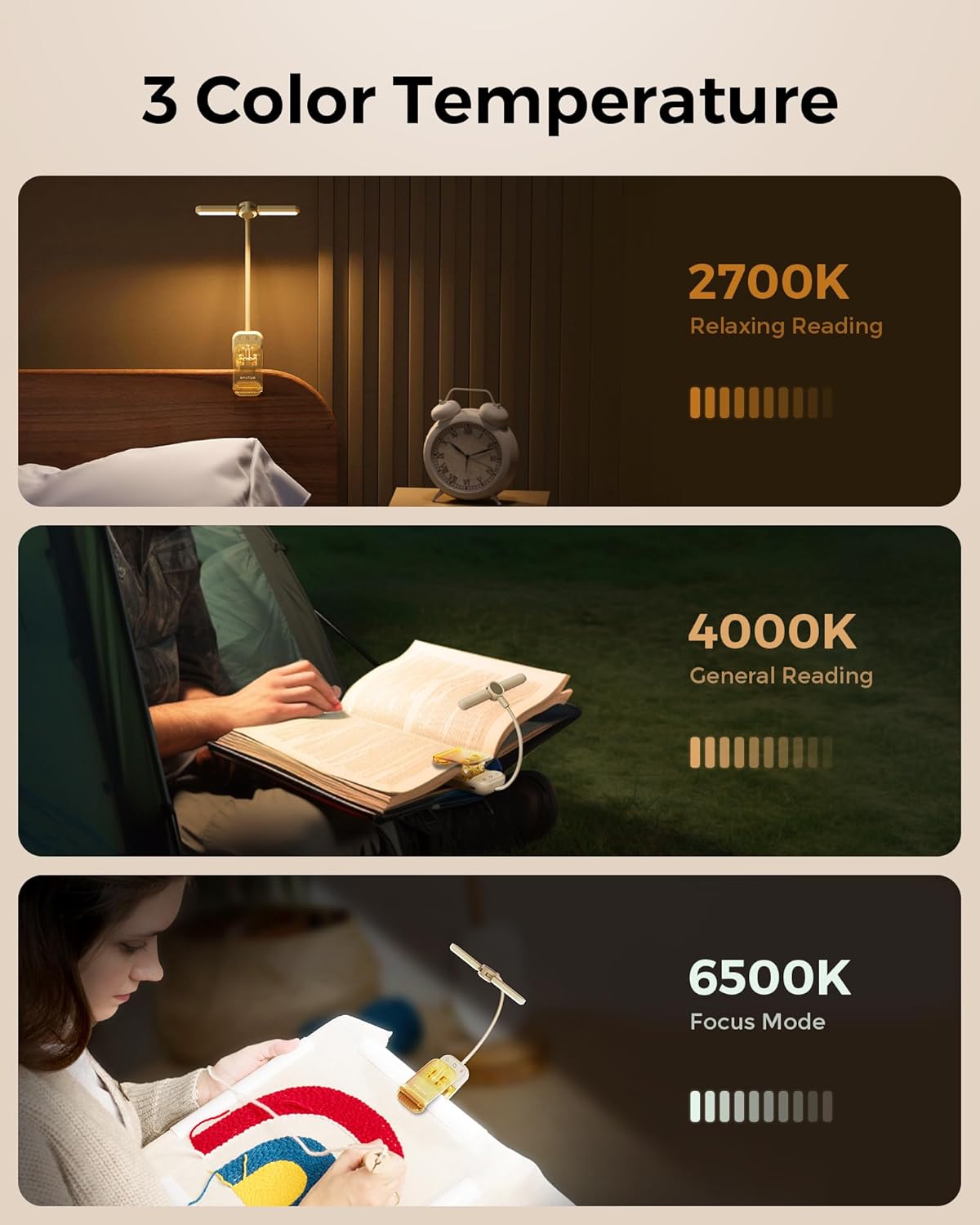 enclize Luz de lectura, luz recargable para leer en la cama, cabezal de luz ajustable de 180, cuidado de los ojos, temperatura de 3 colores y