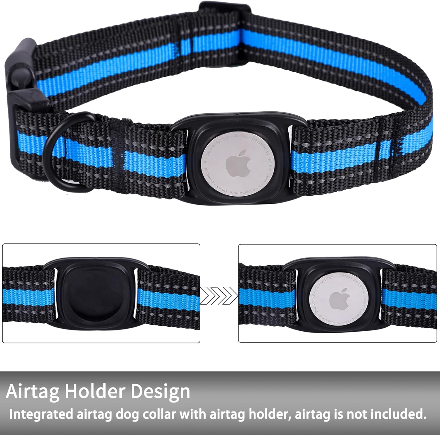 ARING PET Collar para perro Airtag, collar reflectante azul elegante, collar de perro de nailon ajustable ligero con soporte para Airtag