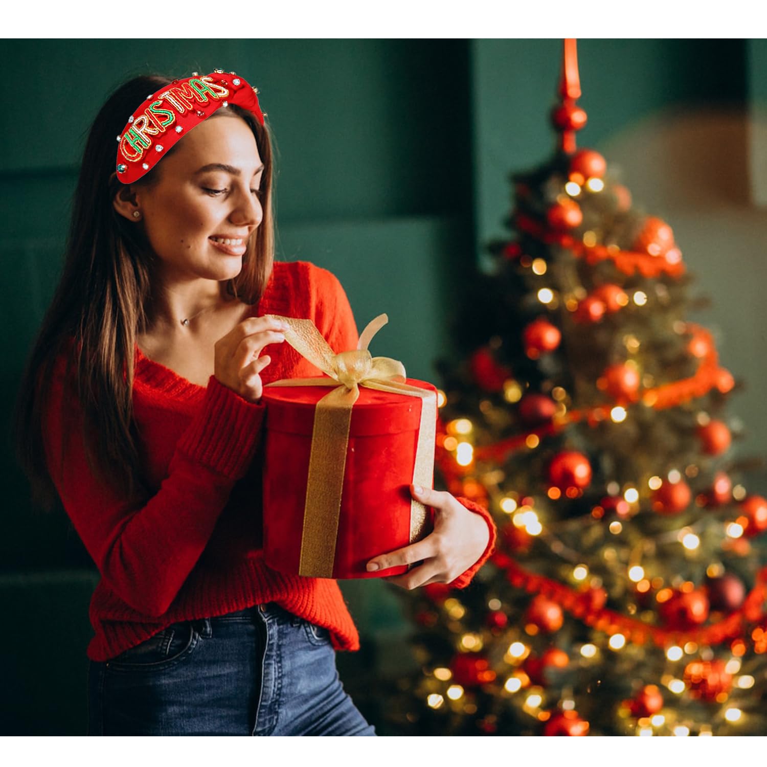 NVENF Diadema de Navidad para mujer, diadema de Navidad con adornos de perlas de cristal, diadema anudada con nudo superior ancho, accesorios para