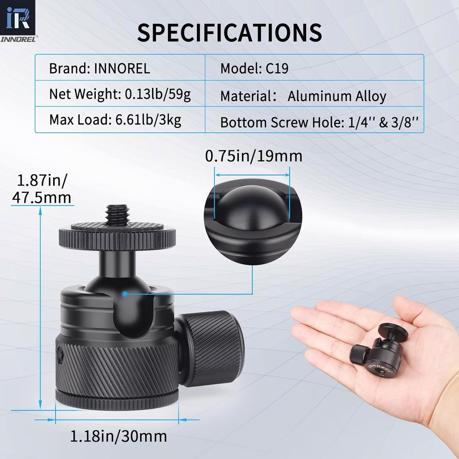 Mini Ball Head-INNOREL C19 Mount Tripod Head-CNC Metal Low Profile Ballhead 360 Pan 90 Tilt Trípodes Montaje con 38″ a 14″ Adaptador de 38″ a 14″