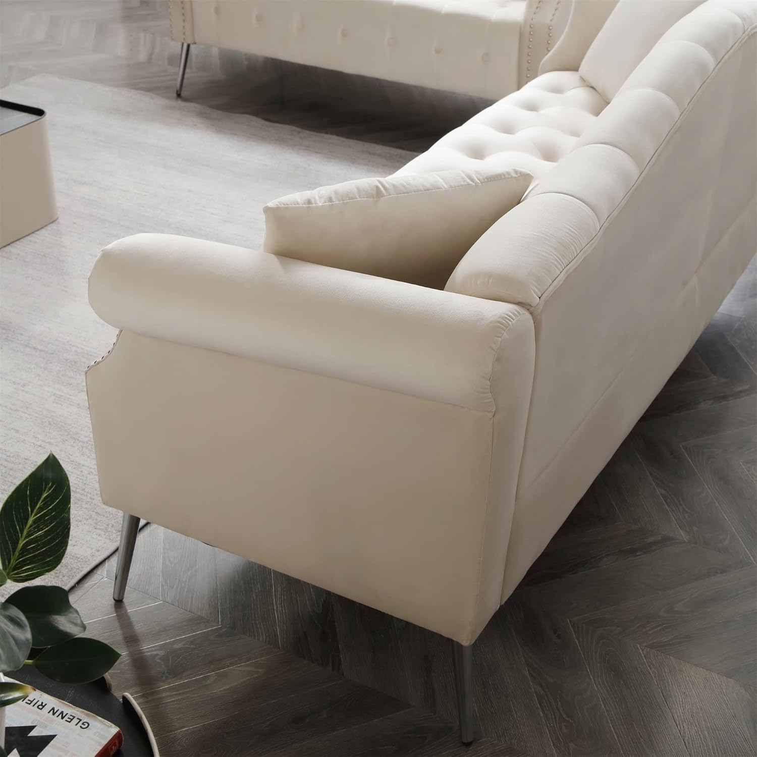 Holaki Chesterfield – Sofá de terciopelo de 59.4 pulgadas, moderno, tapizado, clásico, con botones copetudos, con brazos enrollados, patas de metal