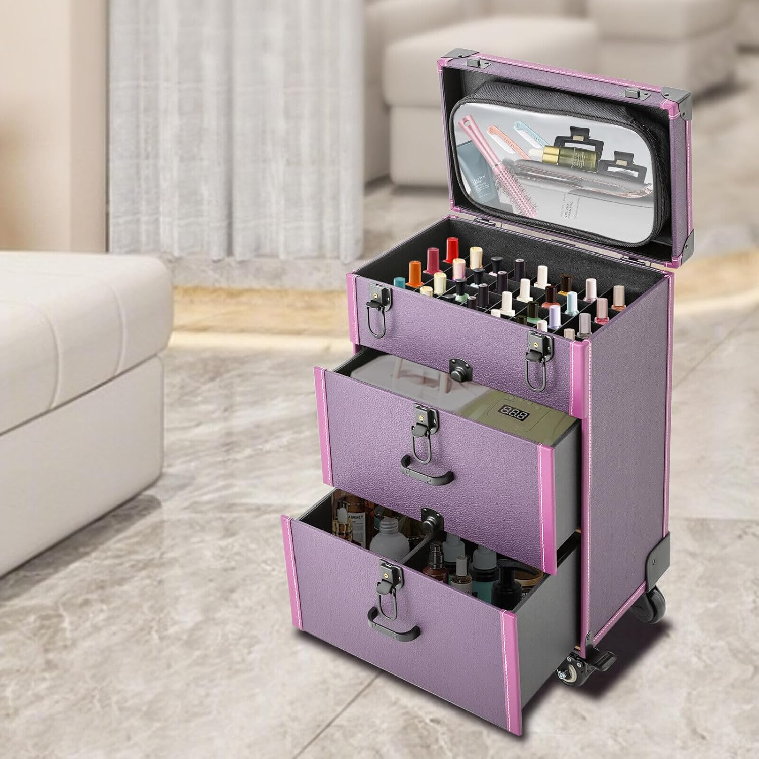 LIYUANJUN Estuche de maquillaje rodante, carrito de salón de belleza con ruedas Carrito de almacenamiento de doble bloqueo con bolsa de tijera,