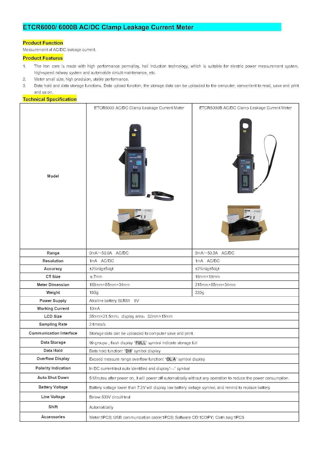 Medidor de fugas de abrazadera digital ETCR6000B ACDC Medidor de corriente de fuga de abrazadera digital 0mA-60.0A, 600V Resolución 1mA ACDC