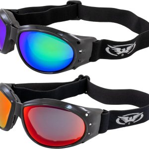2 pares de gafas acolchadas Global Vision Eliminator para motociclismo, color negro con lentes de espejo verde y rojo 2 pares de gafas acolchadas Global Vision Eliminator para motociclismo, color negro con lentes de espejo verde y rojo