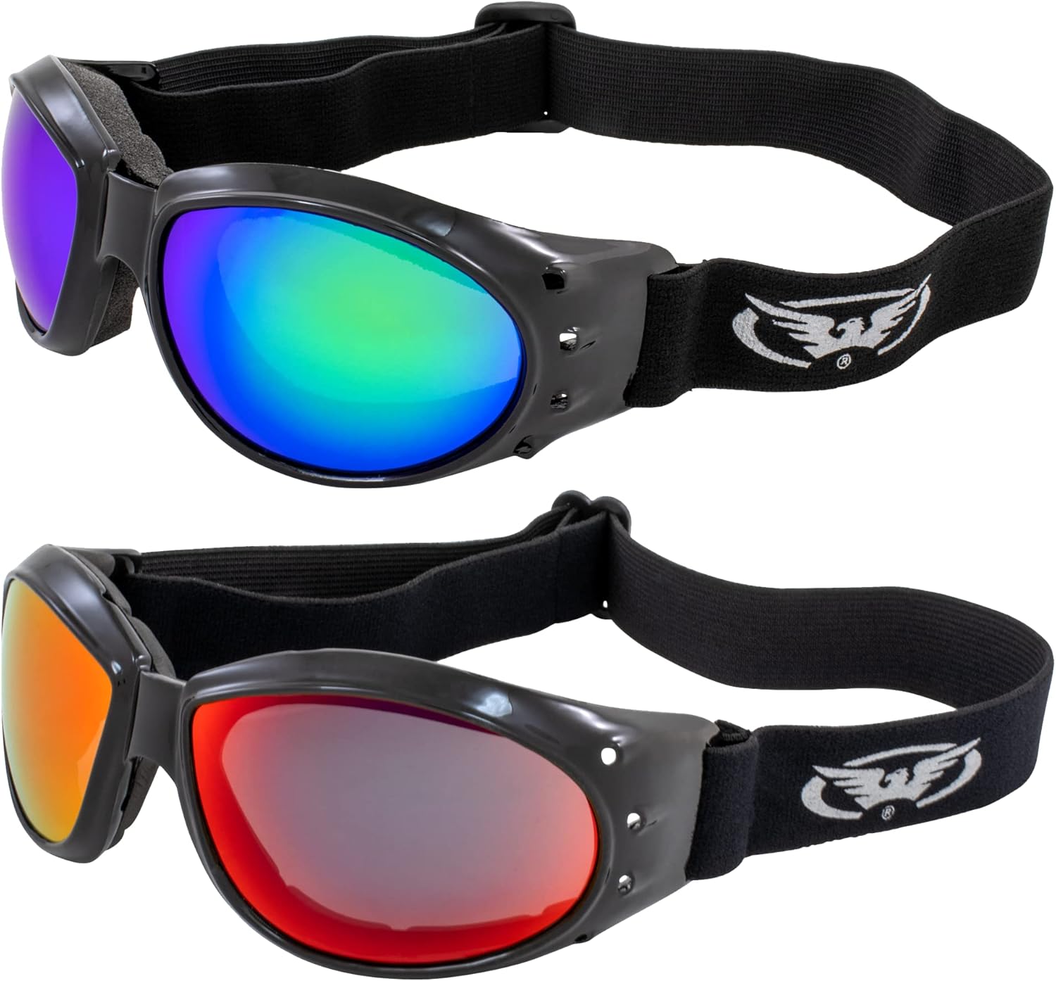 2 pares de gafas acolchadas Global Vision Eliminator para motociclismo, color negro con lentes de espejo verde y rojo