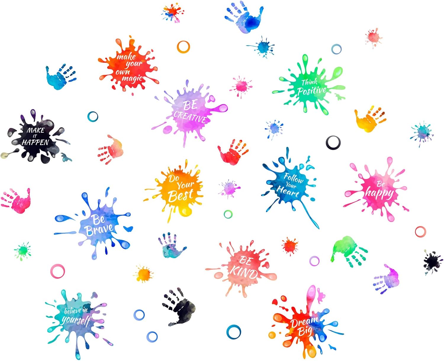 3 hojas coloridas de huellas de manos salpicadas de pintura, citas inspiradoras, calcomanías de pared extraíbles de vinilo para despegar y pegar,