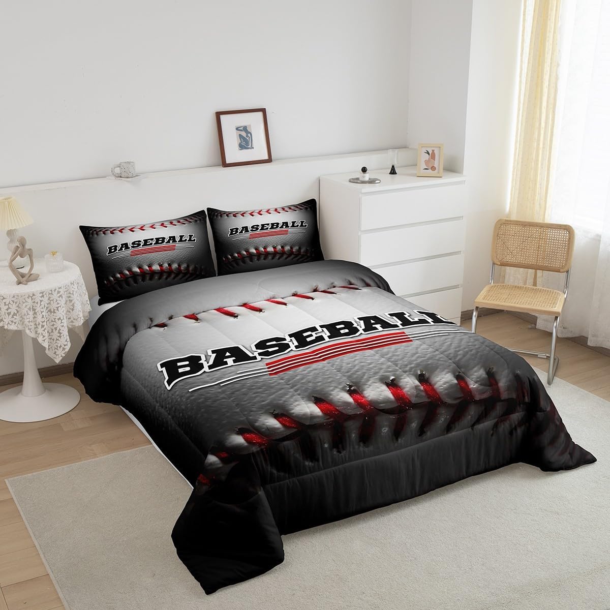 Manfei Juego de edredón de béisbol blanco para niños, tamaño matrimonial, juego de edredón con temática deportiva con 2 fundas de almohada, juego de