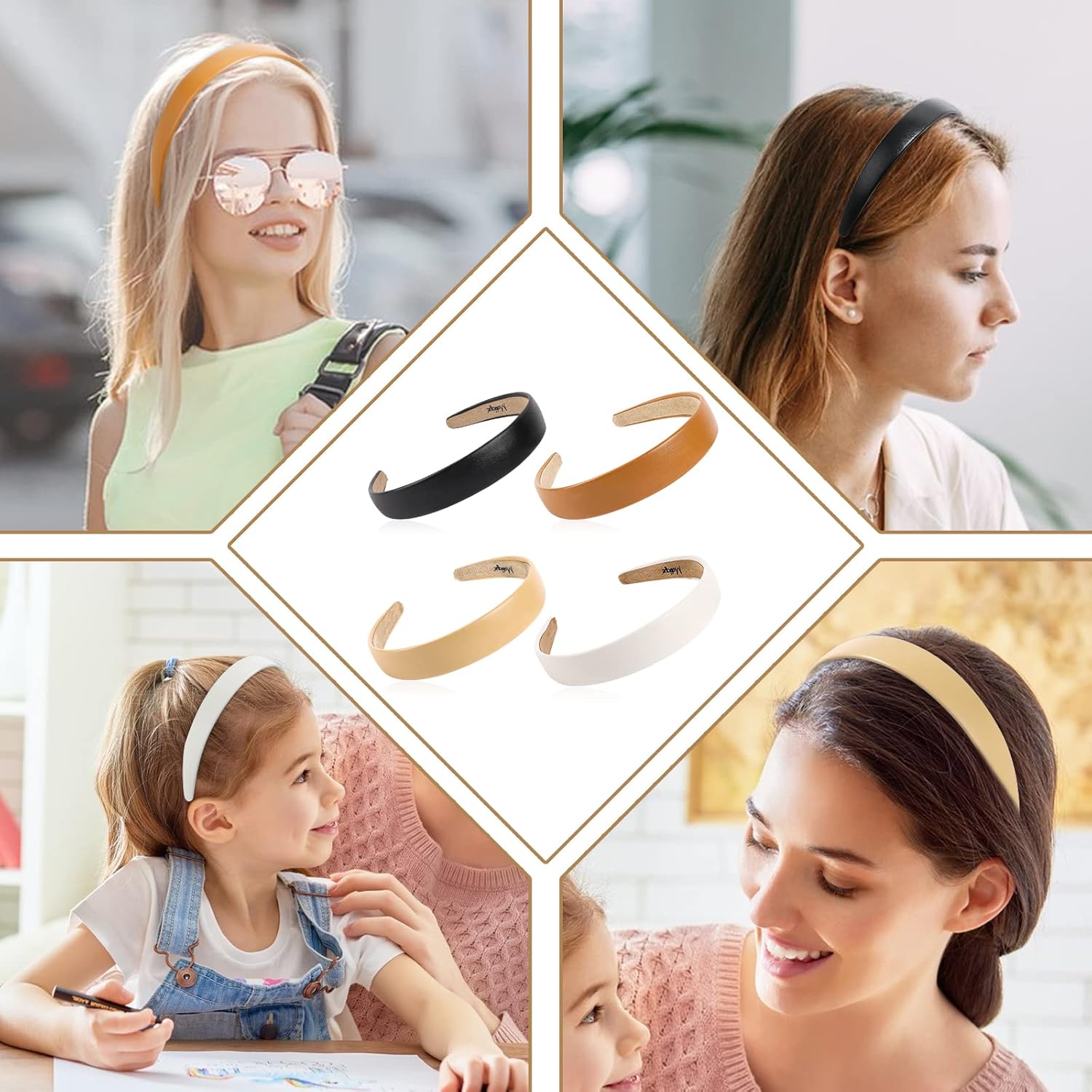 Vin Beauty Paquete de 4 diademas de cuero sólido para mujer, diadema antideslizante de 1 pulgada de ancho, elegantes y suaves, de poliuretano,