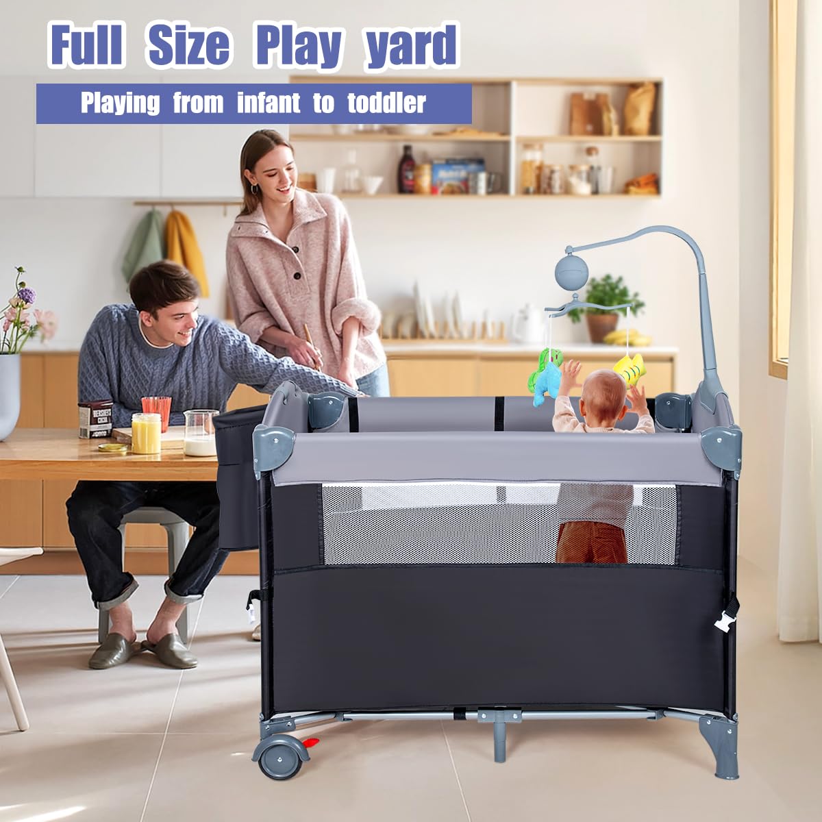Paquete 5 en 1 de cuna para bebé, cuna de noche con juguetes y caja de música, colchón, patio plegable, corralito de juegos, cama de viaje, centro