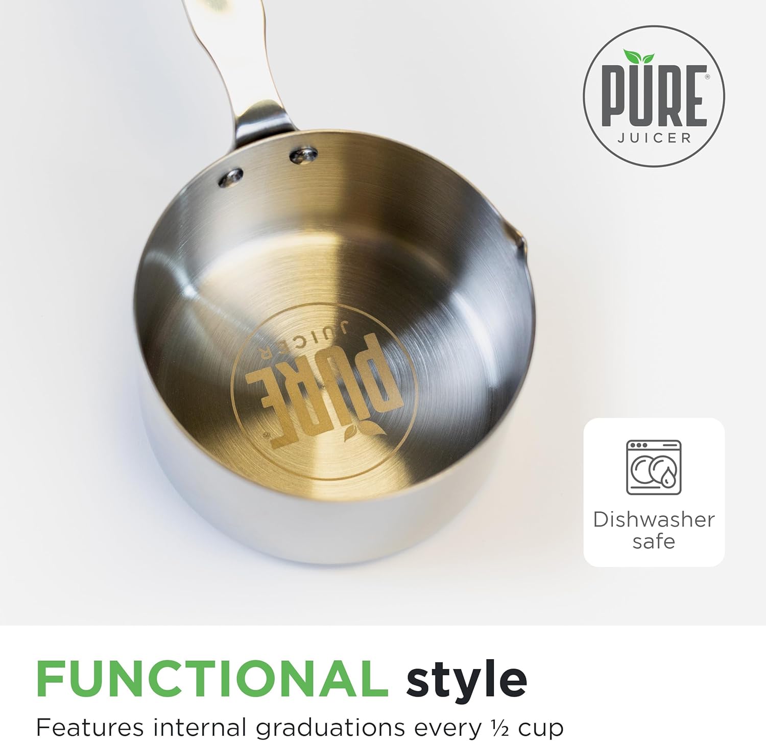 PURE Juicer Cuchara de taza  Taza medidora única de 1.5 tazas12.2 fl oz  Cuchara medidora de acero inoxidable